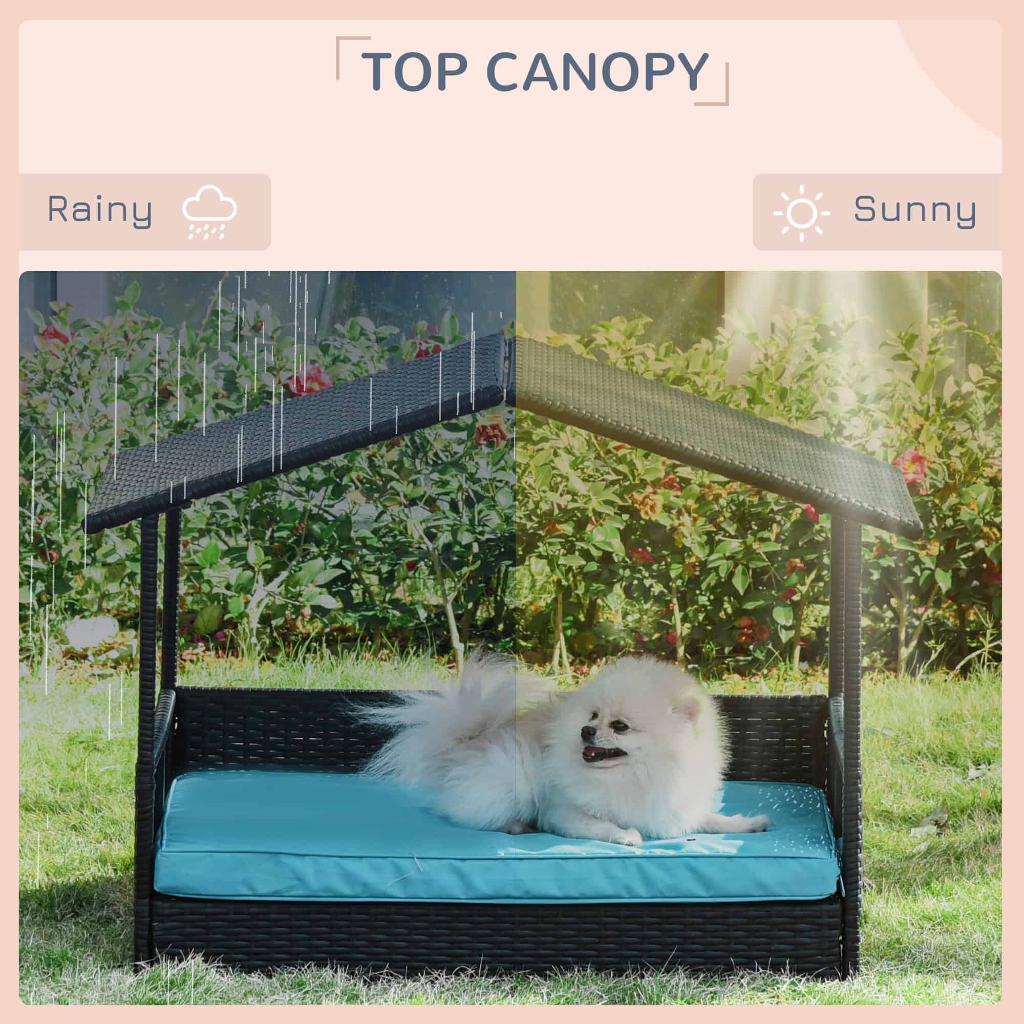 Rattan Dog House with Canopy, Wicker Dog Bed with Water-Resistant Cushion, for Small and Medium Breeds Blue