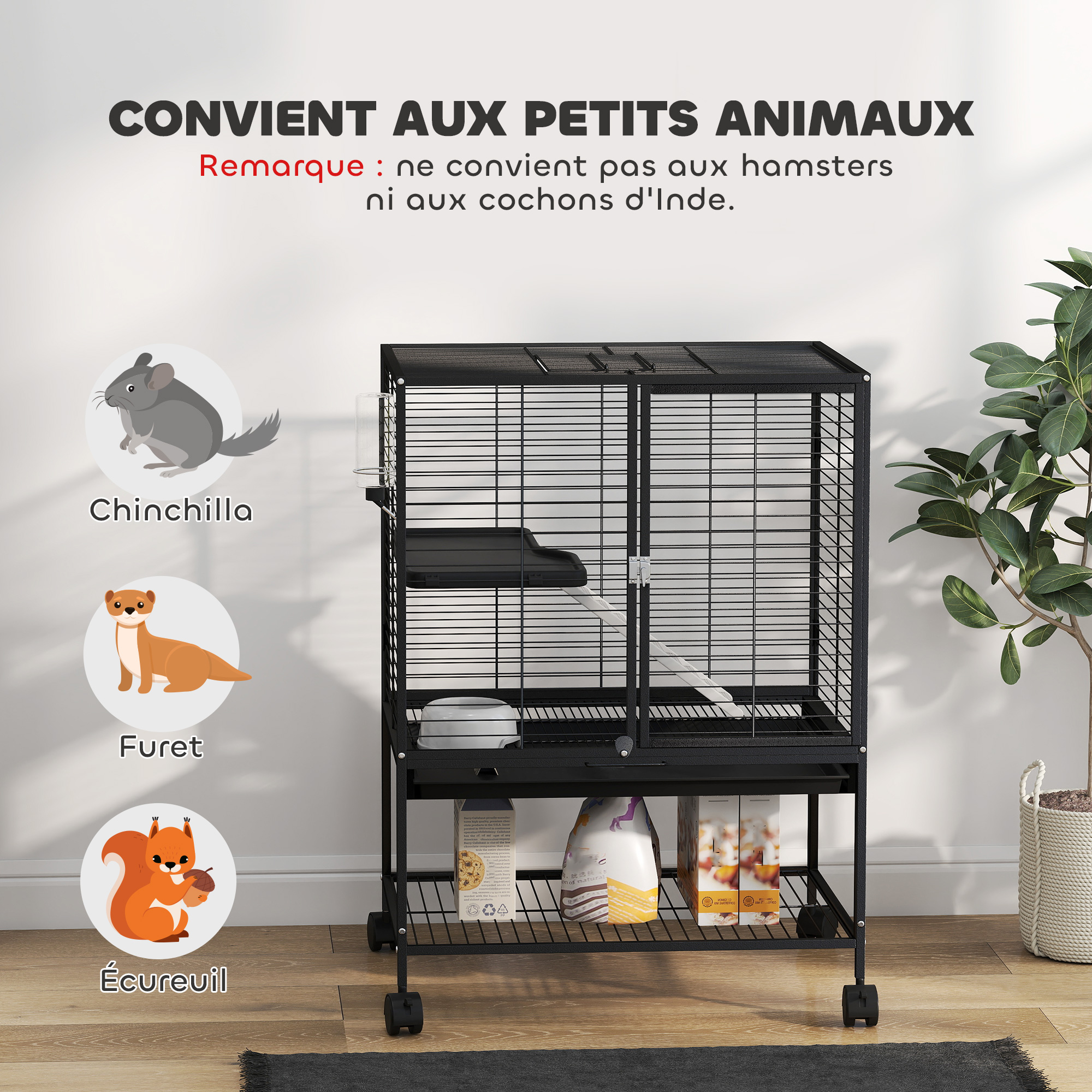Rolling Small Animal Cage 34"H Chinchilla Cage for Ferrets, Squirrels w/ Removable Tray, Storage Shelf, Black