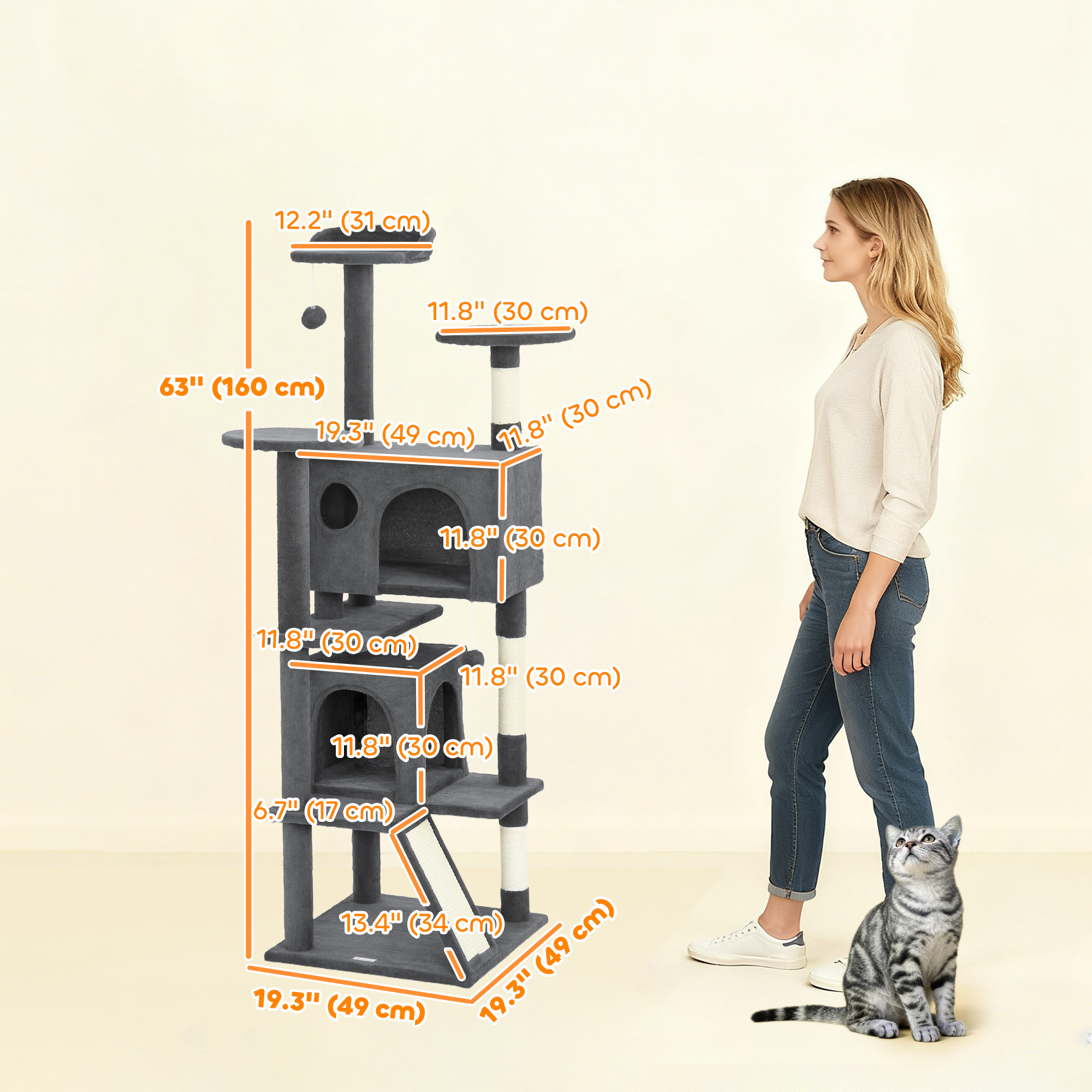 63" Cat Tree, Multi-Level Cat Tower with Scratching Posts, Cat Condos, Bed, Platforms, Ramp, Toy Ball, Dark Grey