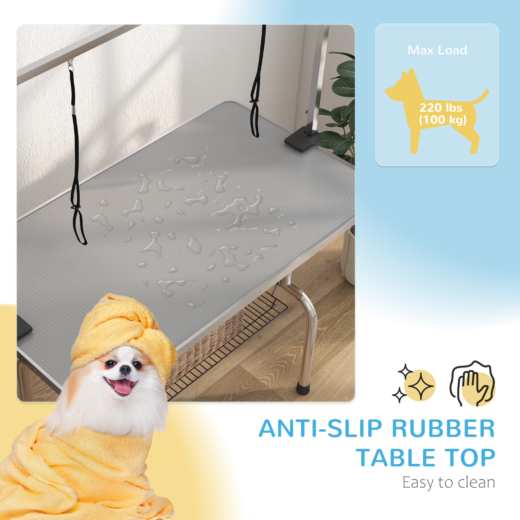 Adjustable Dog Grooming Table with 2 Safety Slings, Storage Basket, Grey