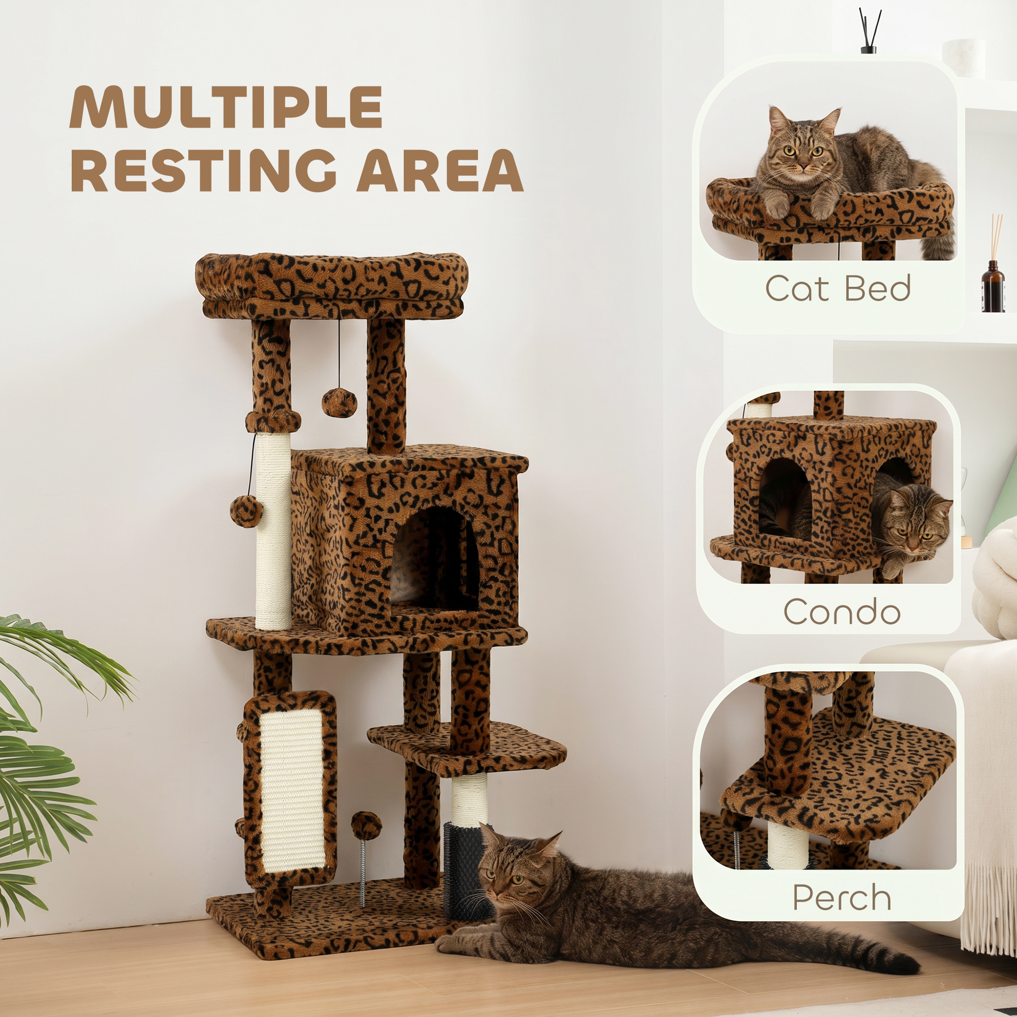 41 Inch Cat Tree with Scratching Posts, Cat Bed, Condo, Jumping Platforms, Toy Balls, Leopard Print