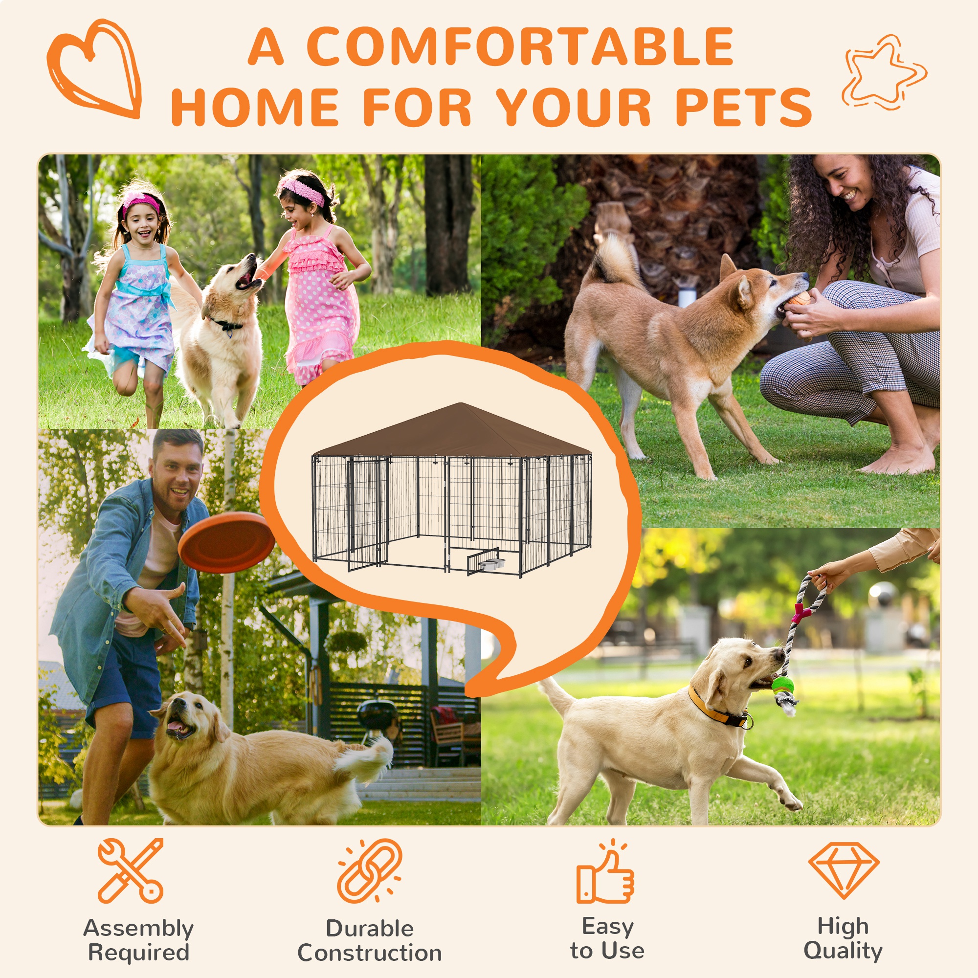 6.9' x 6.9' x 5' Outdoor Dog Kennel with Canopy, Rotating Bowls, Coffee