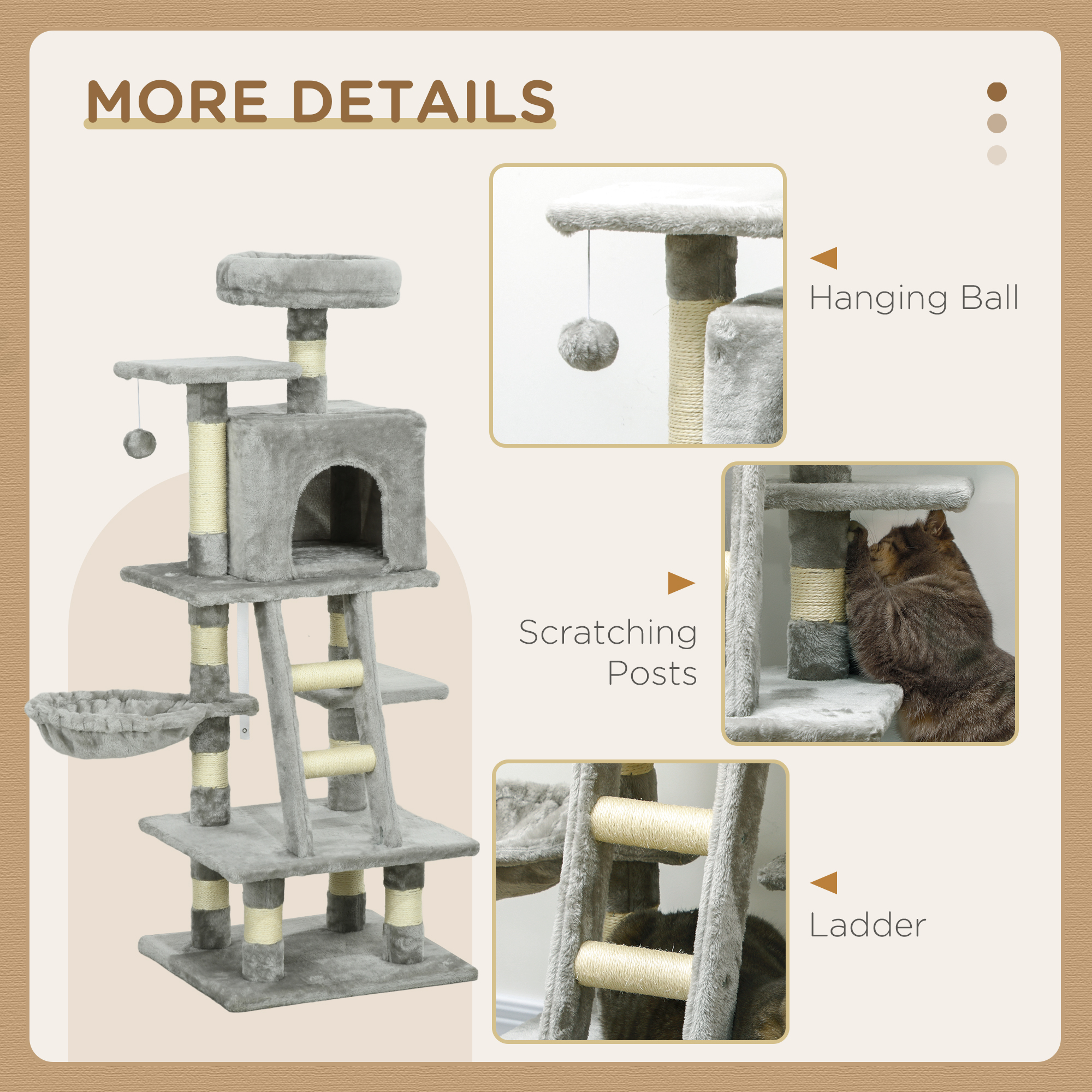 52 Inch Large Cat Tree for Indoor Cats, Light Grey