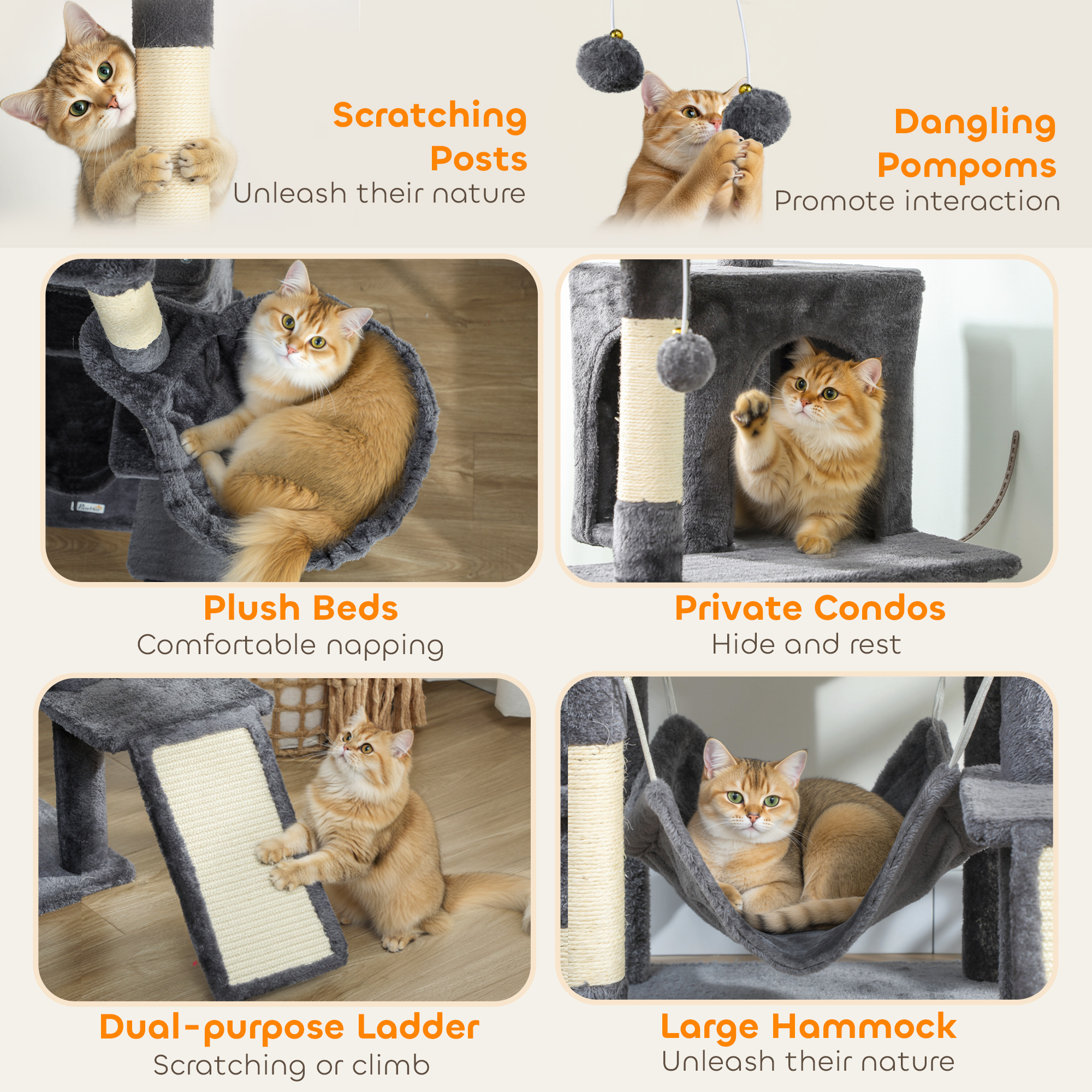 76" Large Cat Tree for Indoor Cats with 8 Scratching Posts, 3 Plush Beds, 2 Hammocks, 2 Large Condos, Ramp, Dark Grey