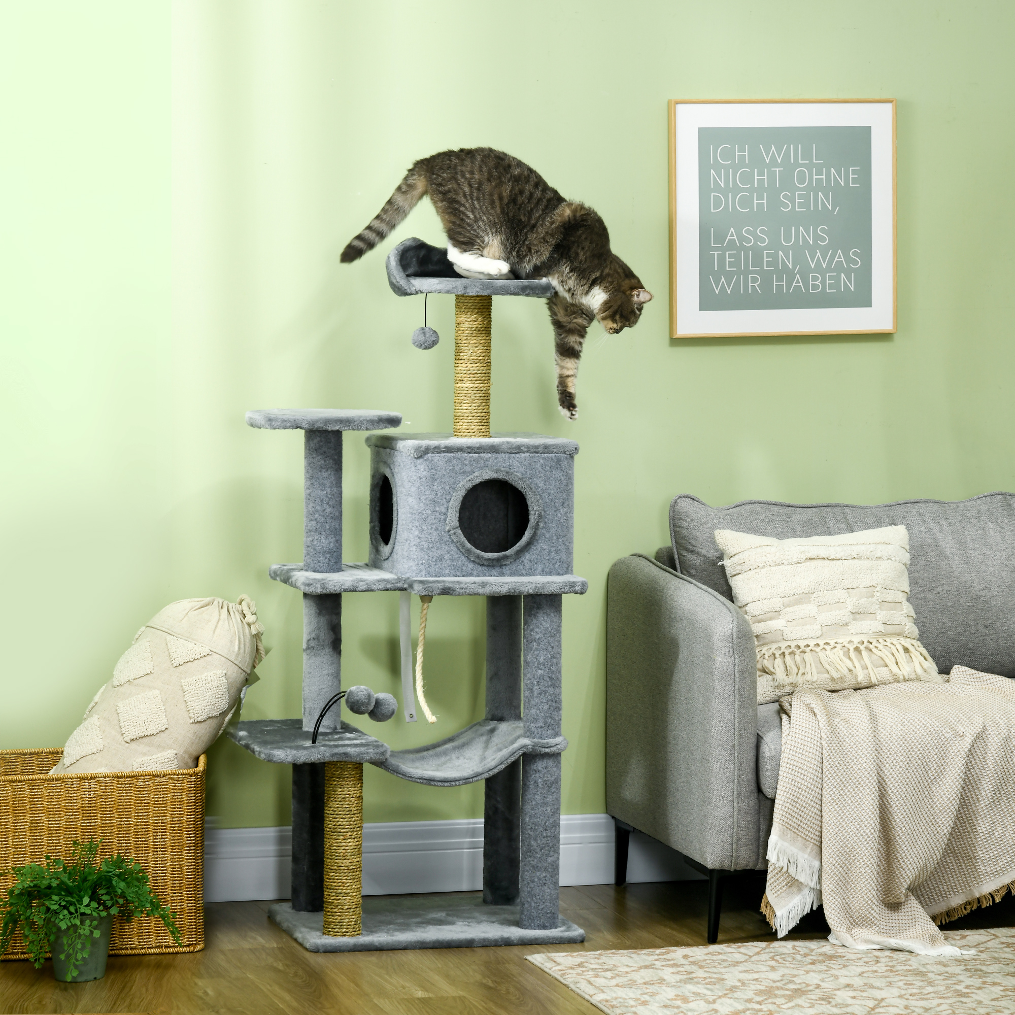 54" Cat Tree for Larger Cats Adult with Hammock, Tal Cat Tree Tower with Scratching Post, Condo, Platforms, Play Balls for Indoor Cats, Grey