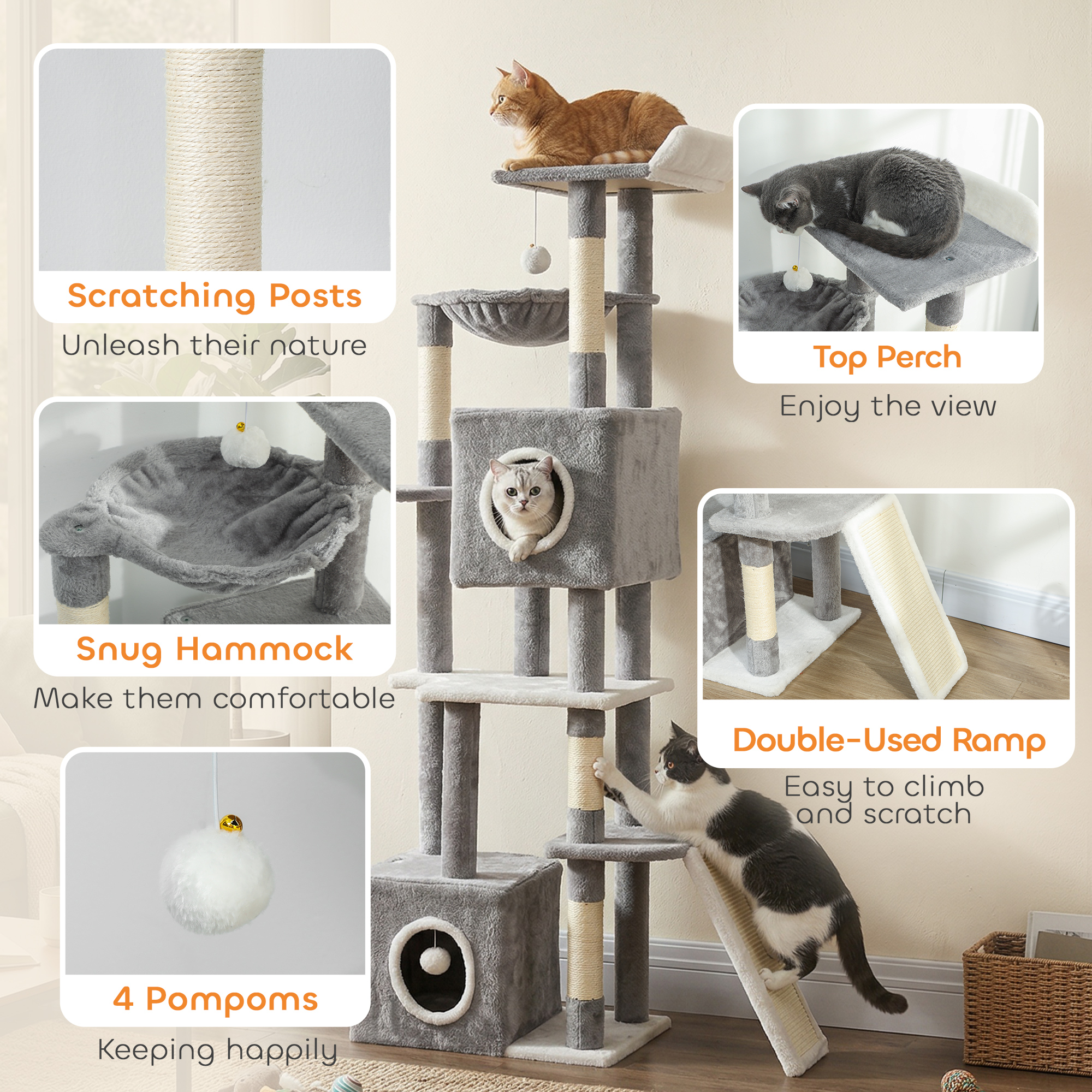 65 Inch Cat Tree with 2 Doors Condos, Plush Top Perch, Hammock, Sisal Scratching Posts, 4 Pompoms, Ramp, Grey - Image 6