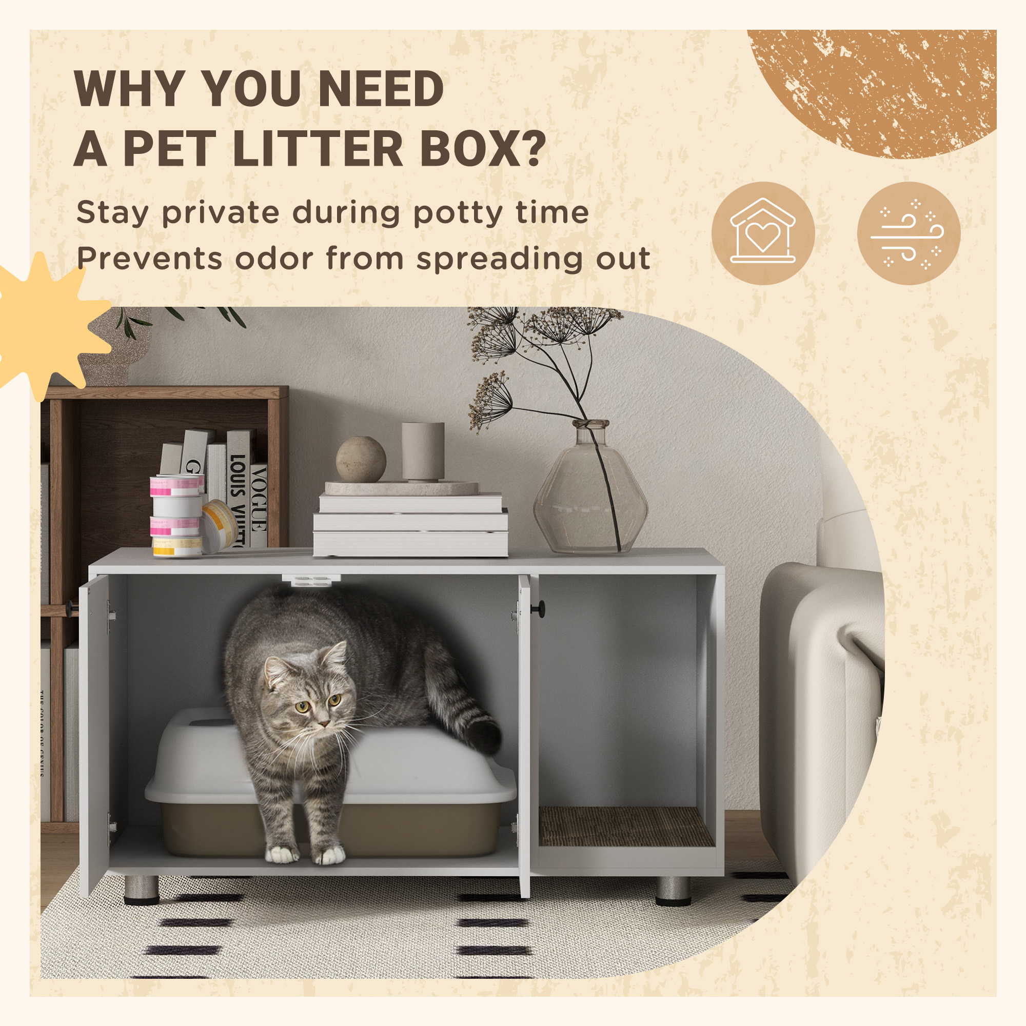 Litter Box Furniture Hidden Cat Washroom Furniture with Double Doors and Scratching Pad, White