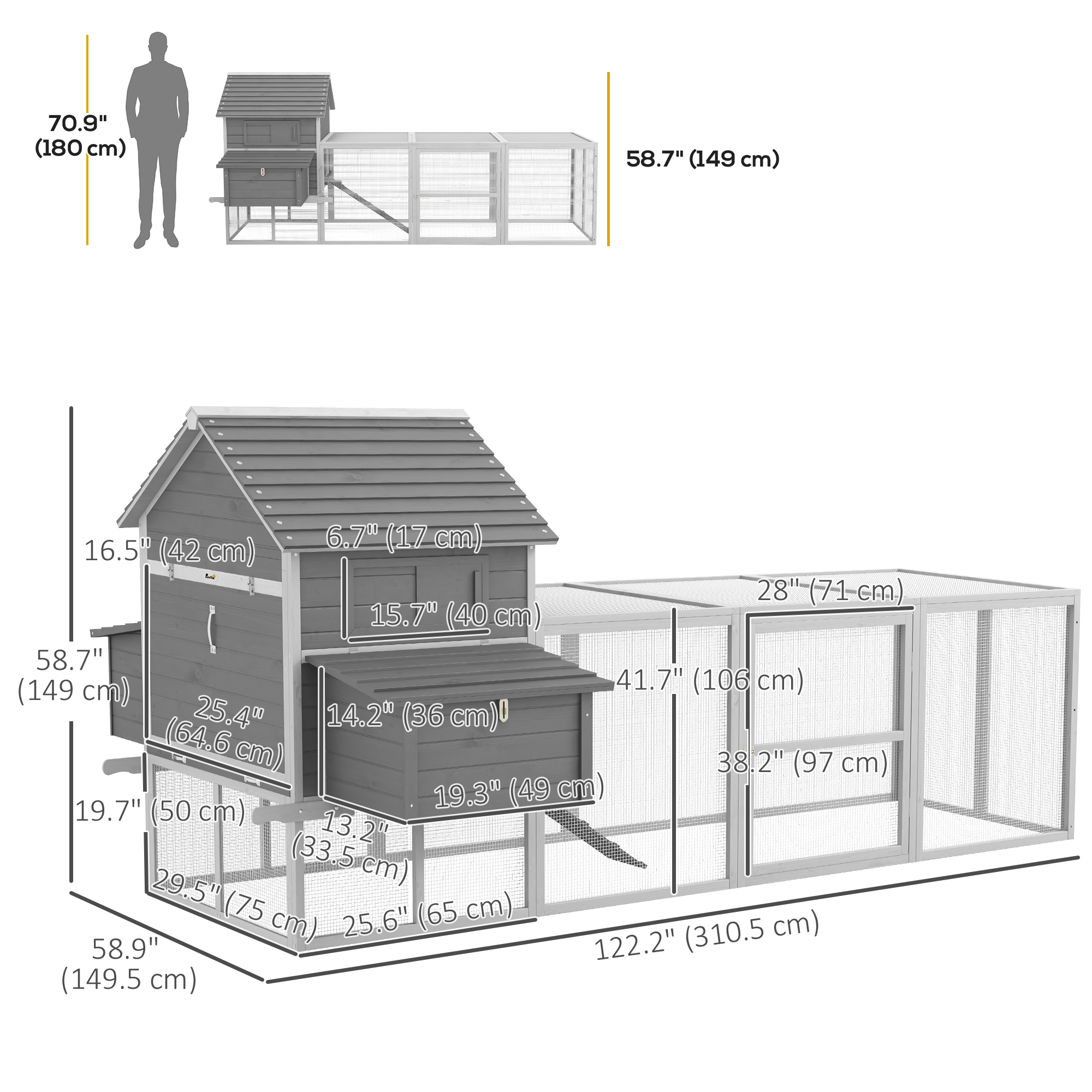 Wooden Chicken Coop with Nesting Boxes, Run, Doors, Tray, Ramp for 4-6 Chickens
