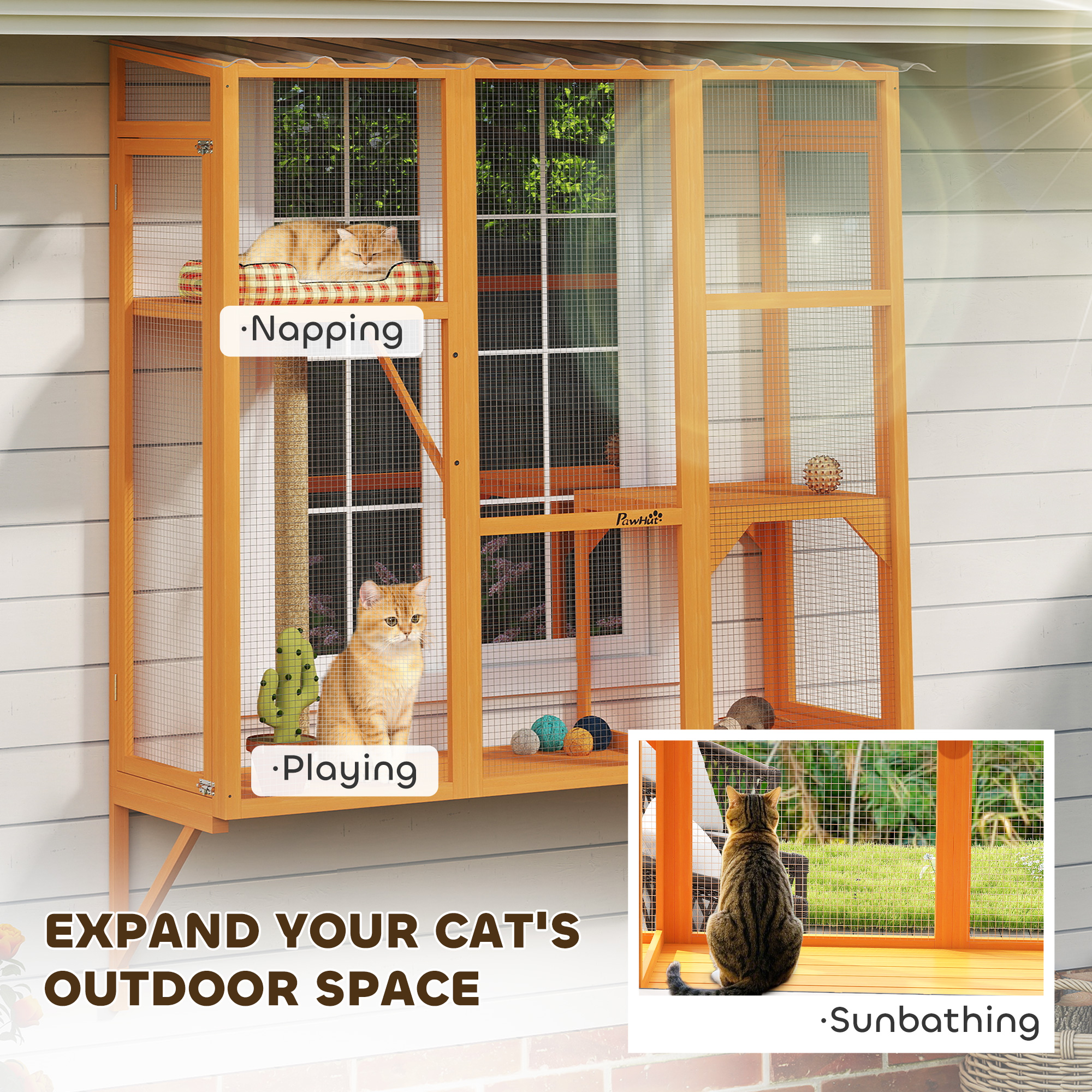 Wooden Catio Outdoor, Cat Window Box Enclosure for 2-3 Large Cats with 2 Jumping Platforms & Scratching Post, Orange