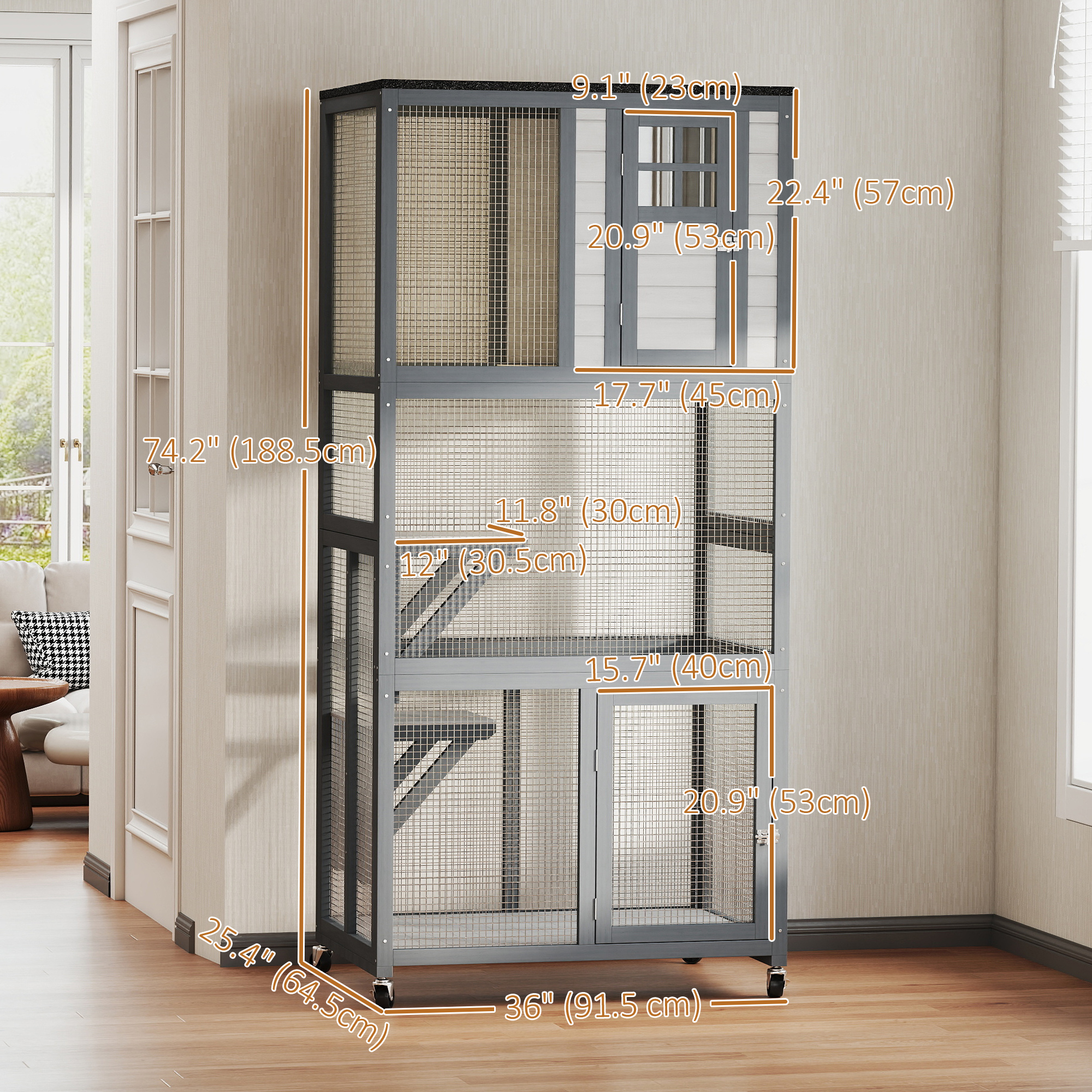 74" Wooden Outdoor Cat House Weatherproof & Wheeled with High Weight Capacity, Kitten Cage Condo, Light Grey