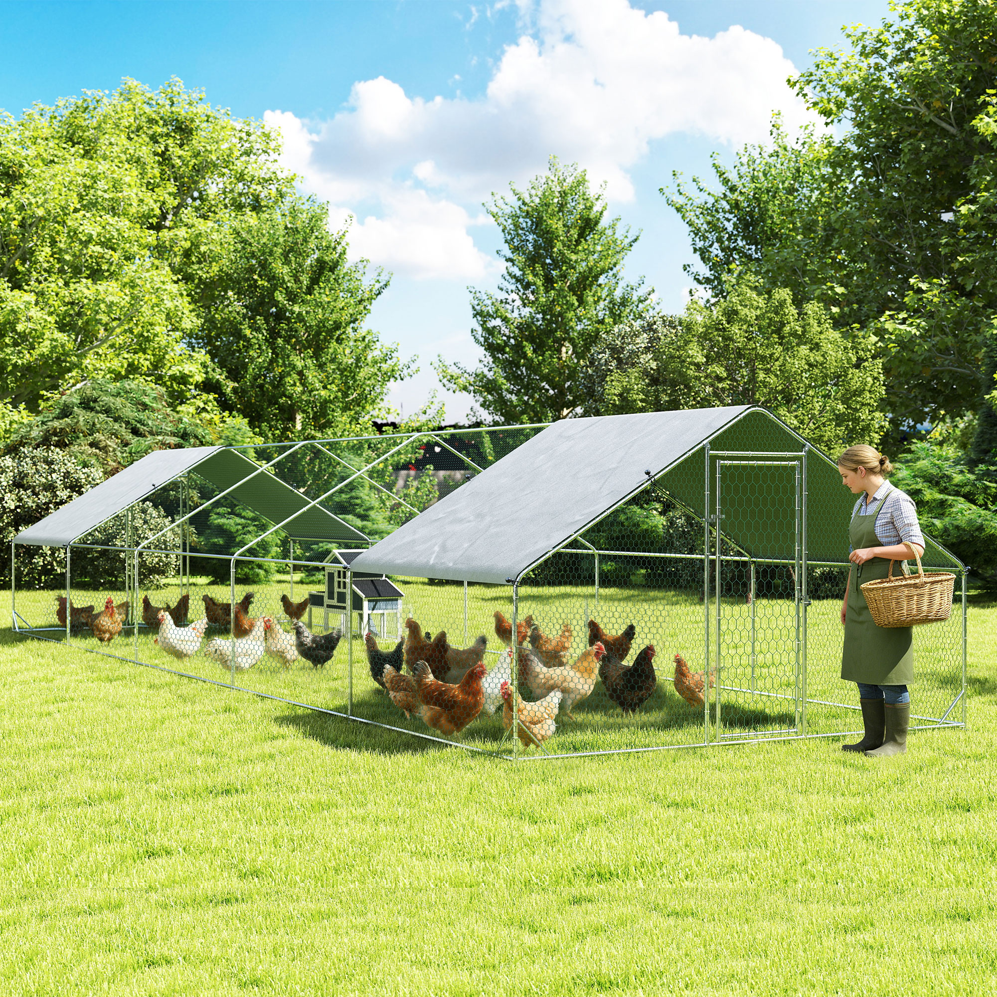 Metal Chicken Coop with Water- and UV-Protection Cover for Backyard Hen, Duck, Rabbit, 32.8' x 9.8' x 6.4'