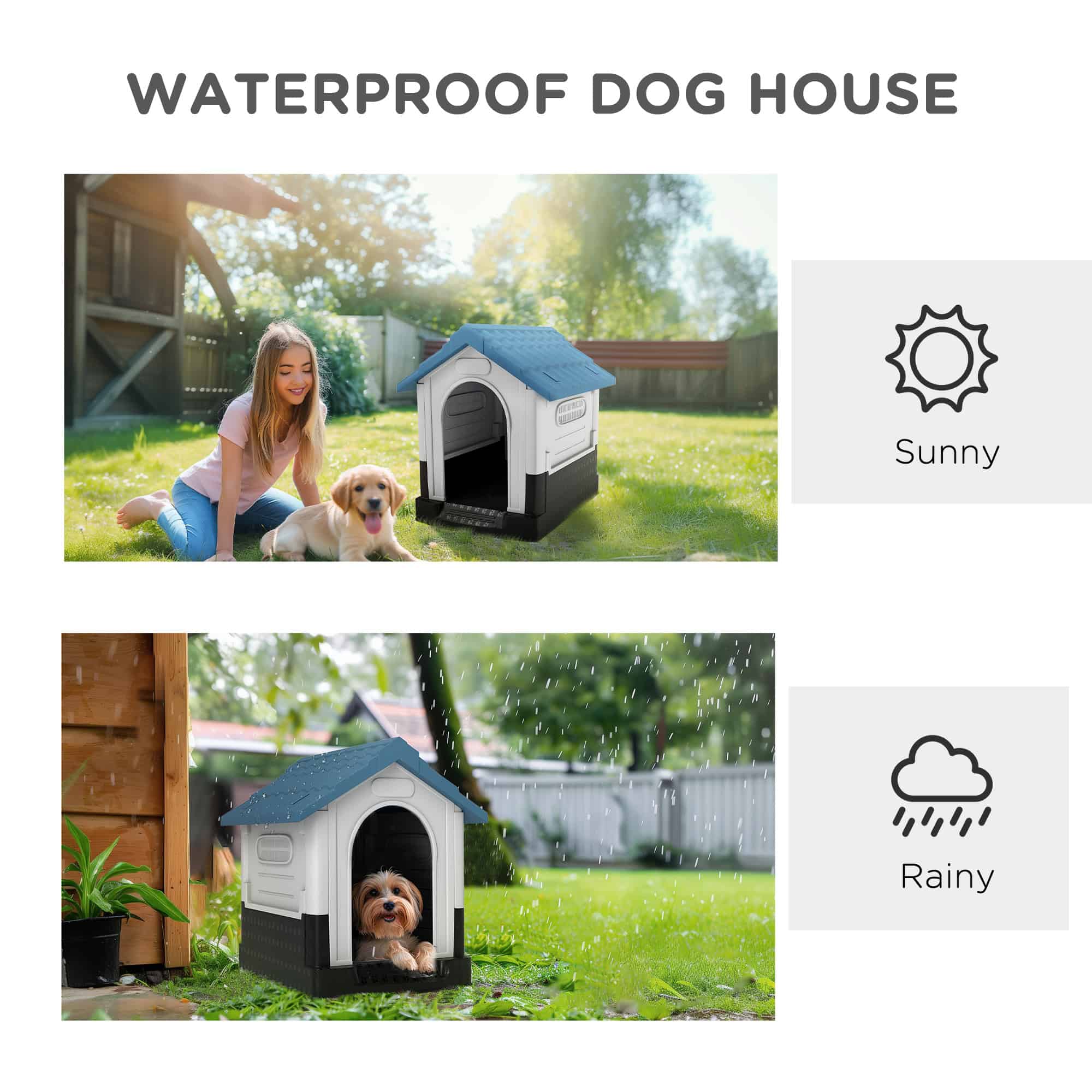 Outside Dog Kennel House with Windows, Base Support, for Garden Patio, Miniature Dogs, 64.5 x 57 x 66cm, Blue