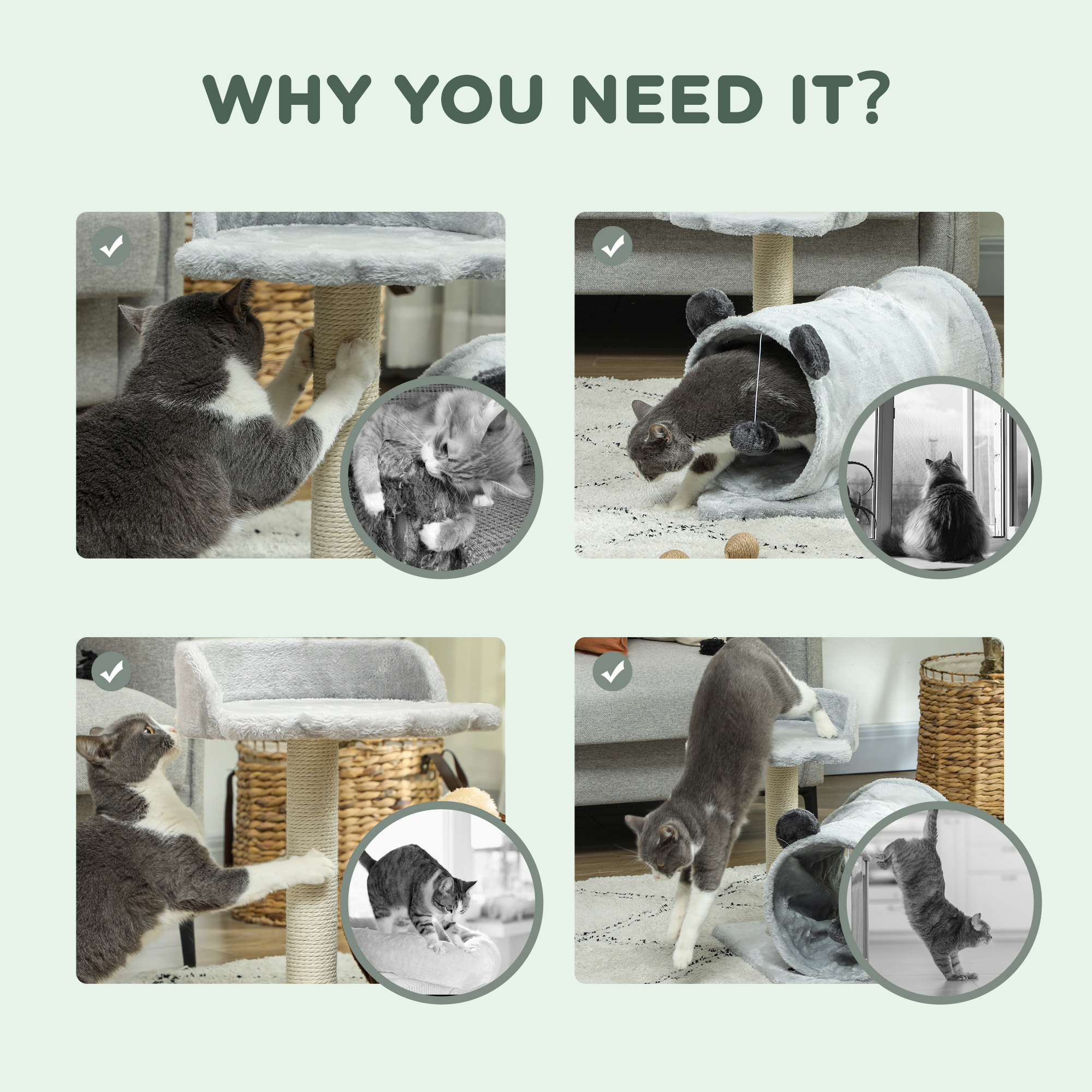 18.5" Small Cat Tree, Compact Cat Tower with Tunnel, Scratching Post, Plush Bed, Dangling Ball, for Indoor Use, Grey