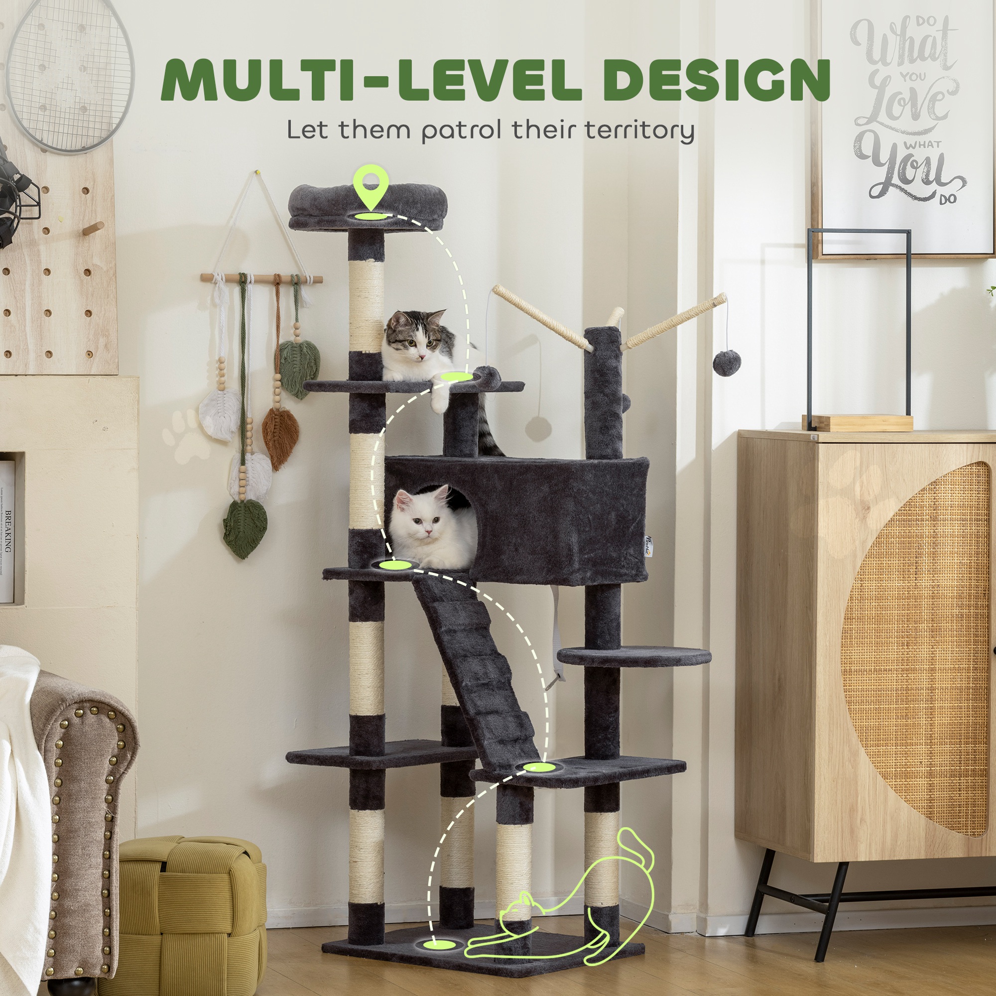 59 Inch Large Cat Tree with Sisal Scratching Posts, Cozy Condo, Top Perch, Ladder and Interactive Balls, Dark Grey