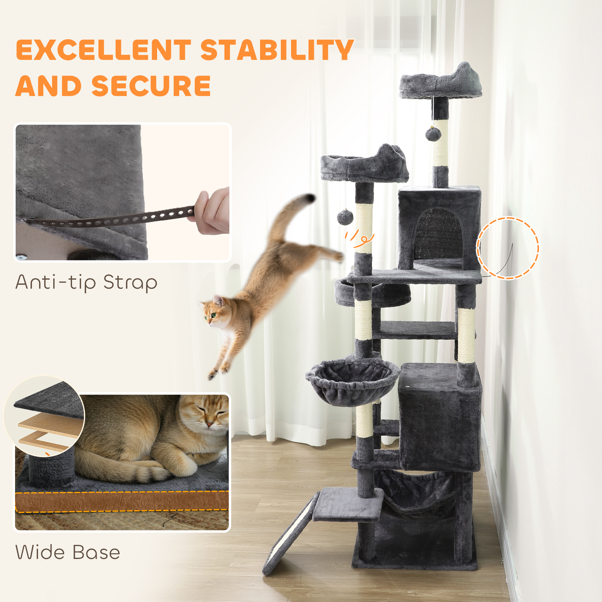 76" Large Cat Tree for Indoor Cats with 8 Scratching Posts, 3 Plush Beds, 2 Hammocks, 2 Large Condos, Ramp, Dark Grey