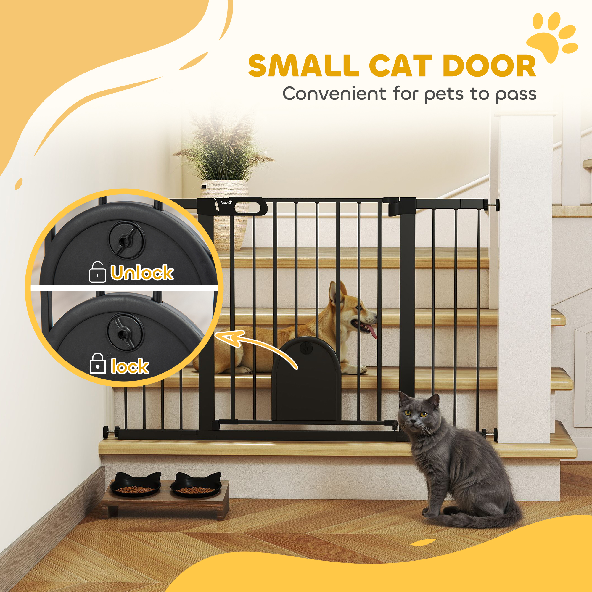 30"-52" Extra Wide Pet Gate Barrier with Small Door, 30"H Dog Gate with Safety Gate Barrier, Stair Pressure Fit, Black