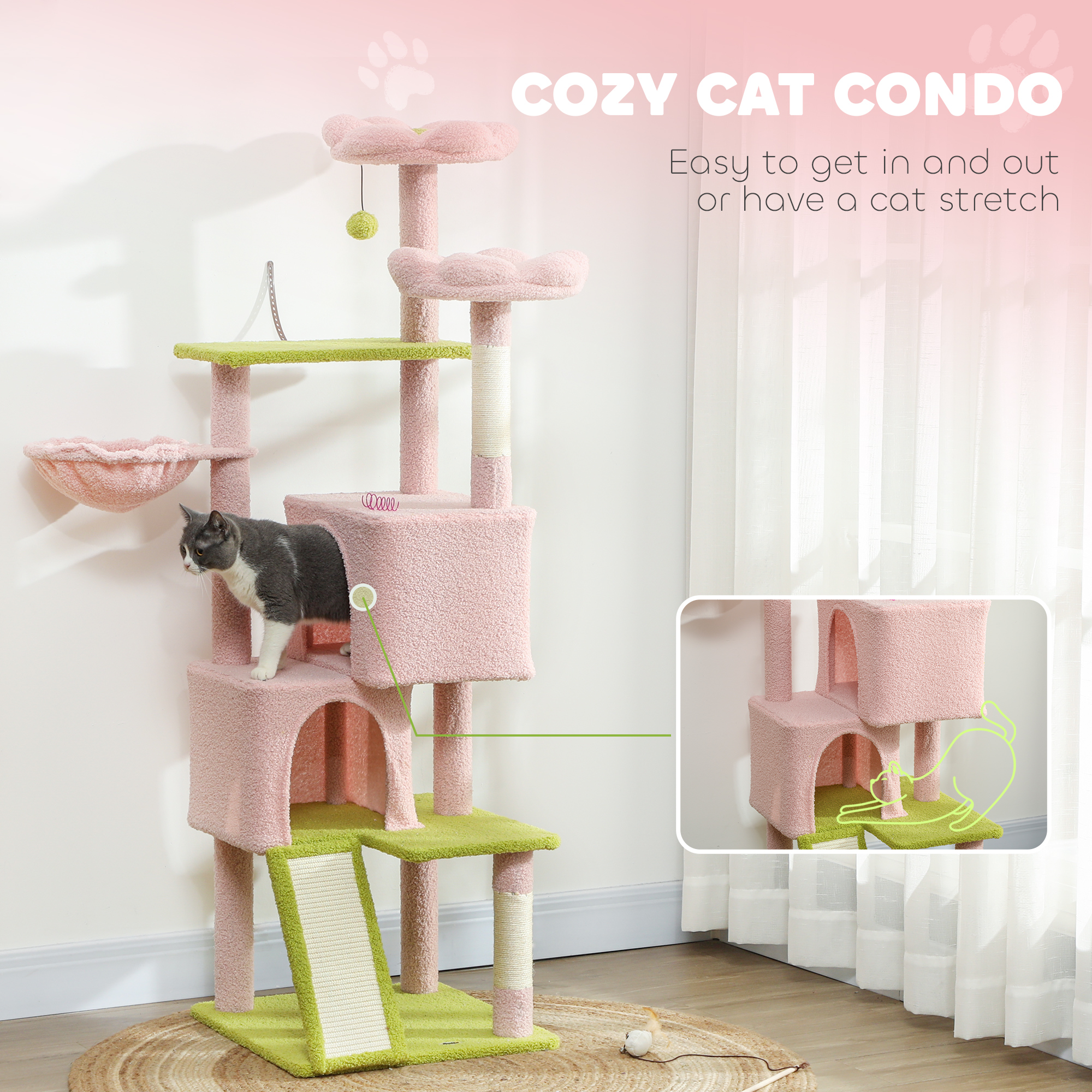 Flower Cat Tree with Sisal Scratching Posts, Multi-Level Cat Tower, Pink