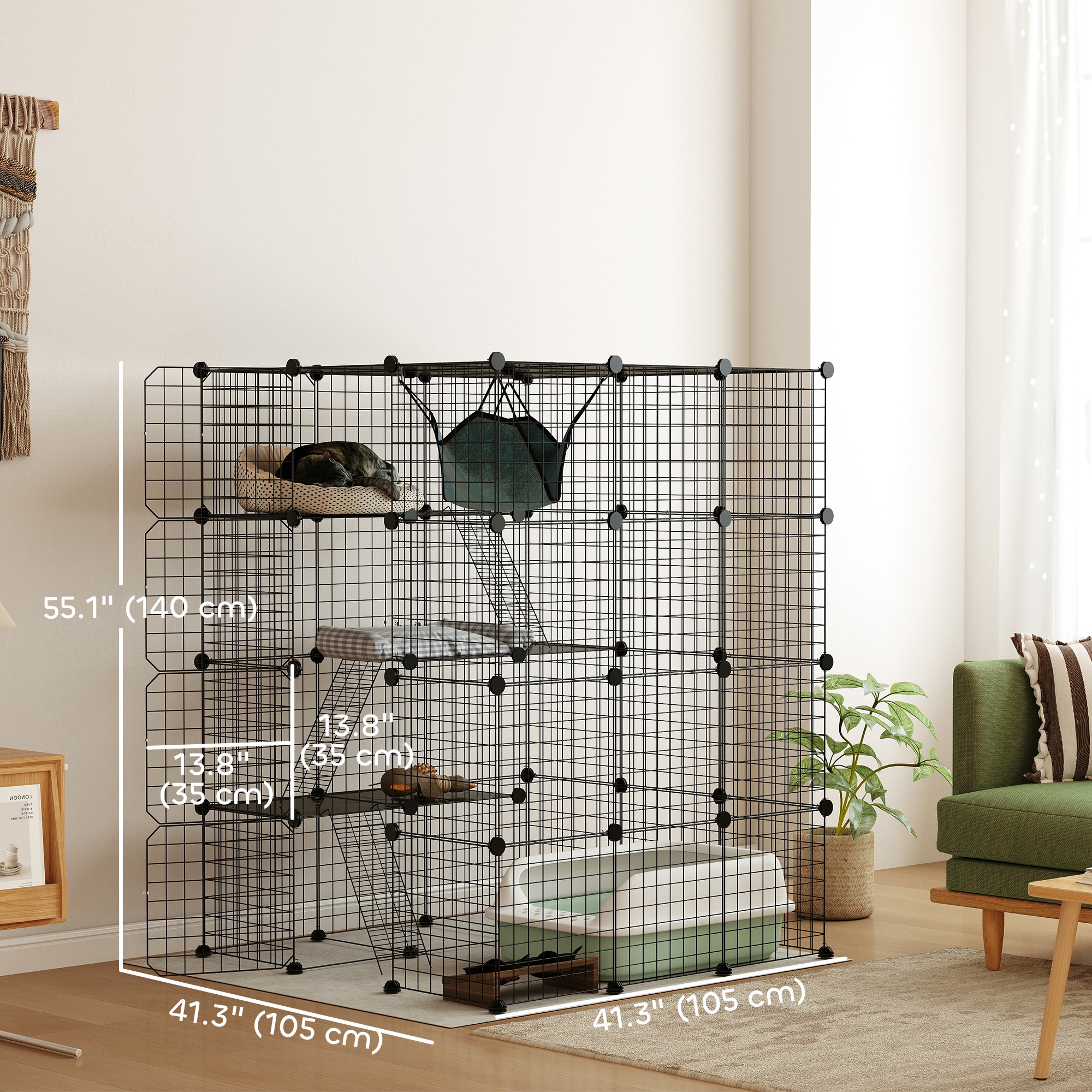 4 Tier DIY Cat Cage Indoor, Catio for 1-3 Cats with Hammock, 5 Doors, 3 Ramps, 3 Jumping Platforms, for 1-3 Cats, Black