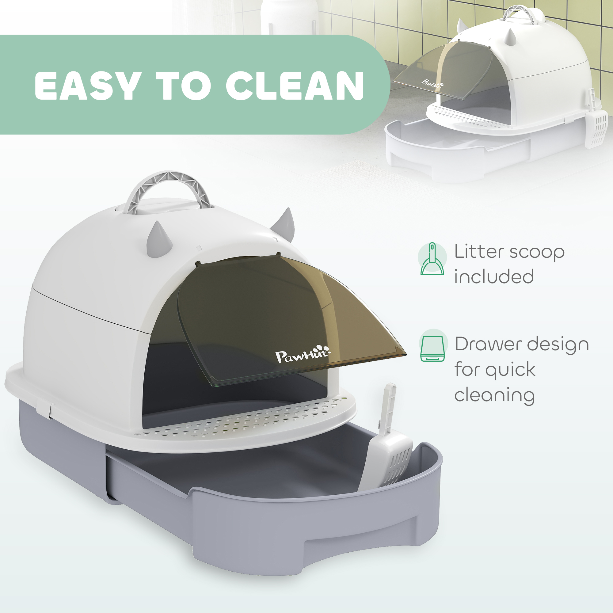 Cat Litter Box with Lid, Front Door Flap, Scoop, Handle, Easy Clean, for Small and Medium Cats, Grey - Image 5