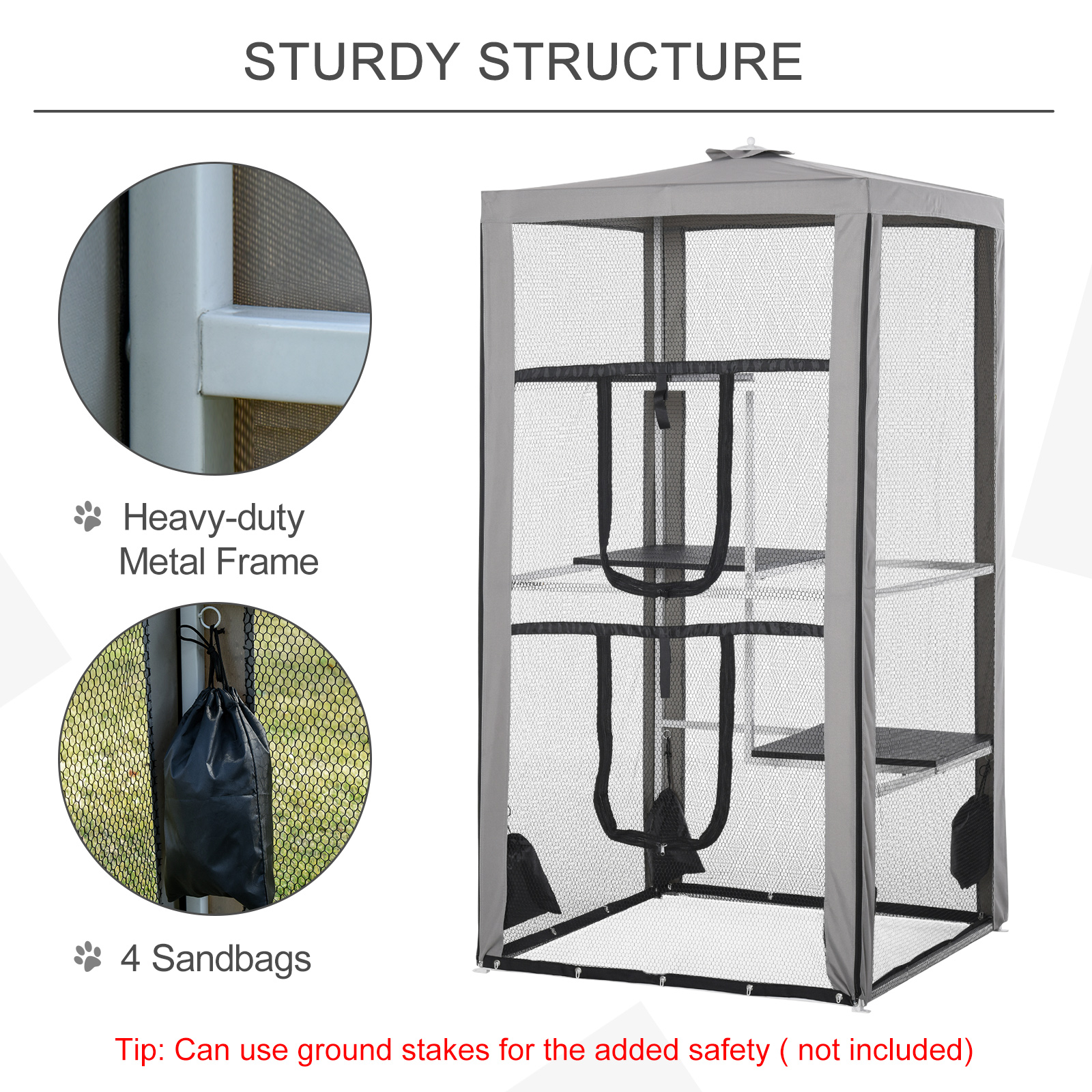 79"H Catio Outdoor Cat Enclosure, Steel Frame Cat Cage with 3 Platforms, 2 Doors and 4 Sandbags for Stability