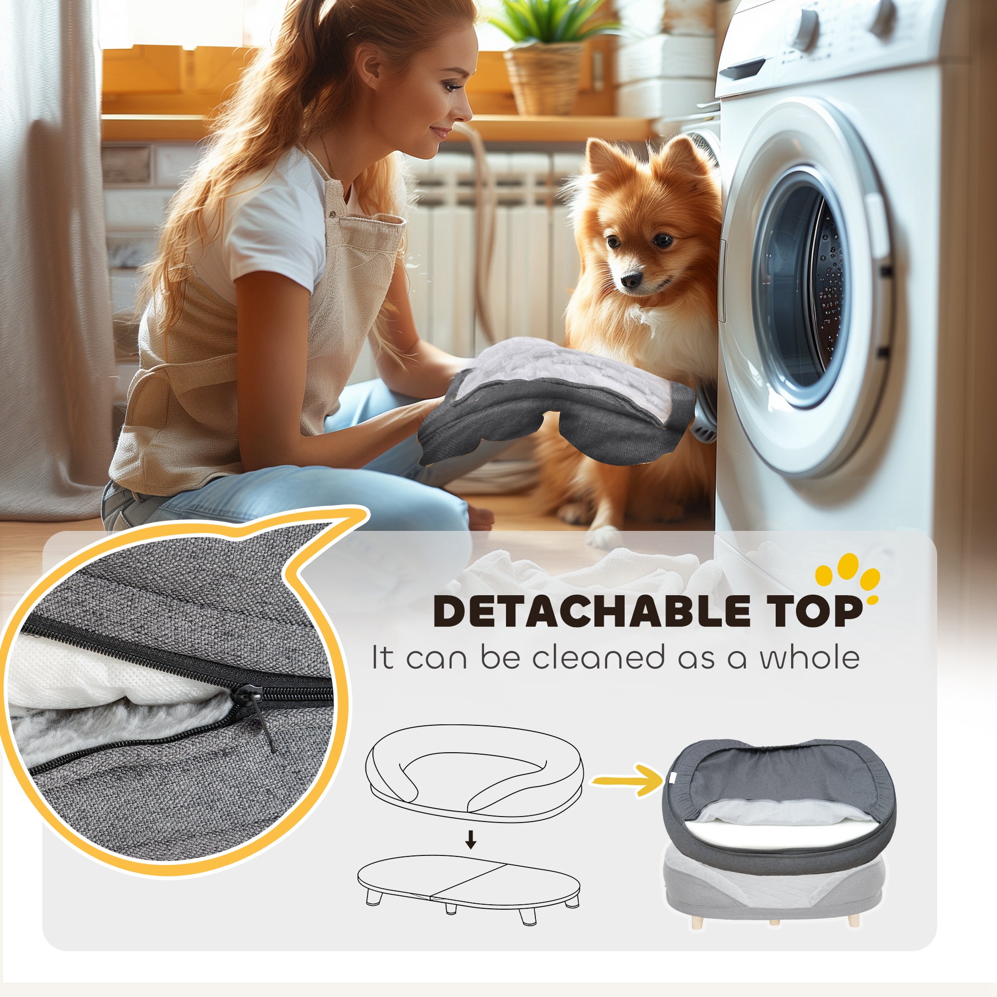 Pet Sofa Bed for Large Dogs with Removable Cushion, Washable Cover, Anti-slip Foot Pads, Grey