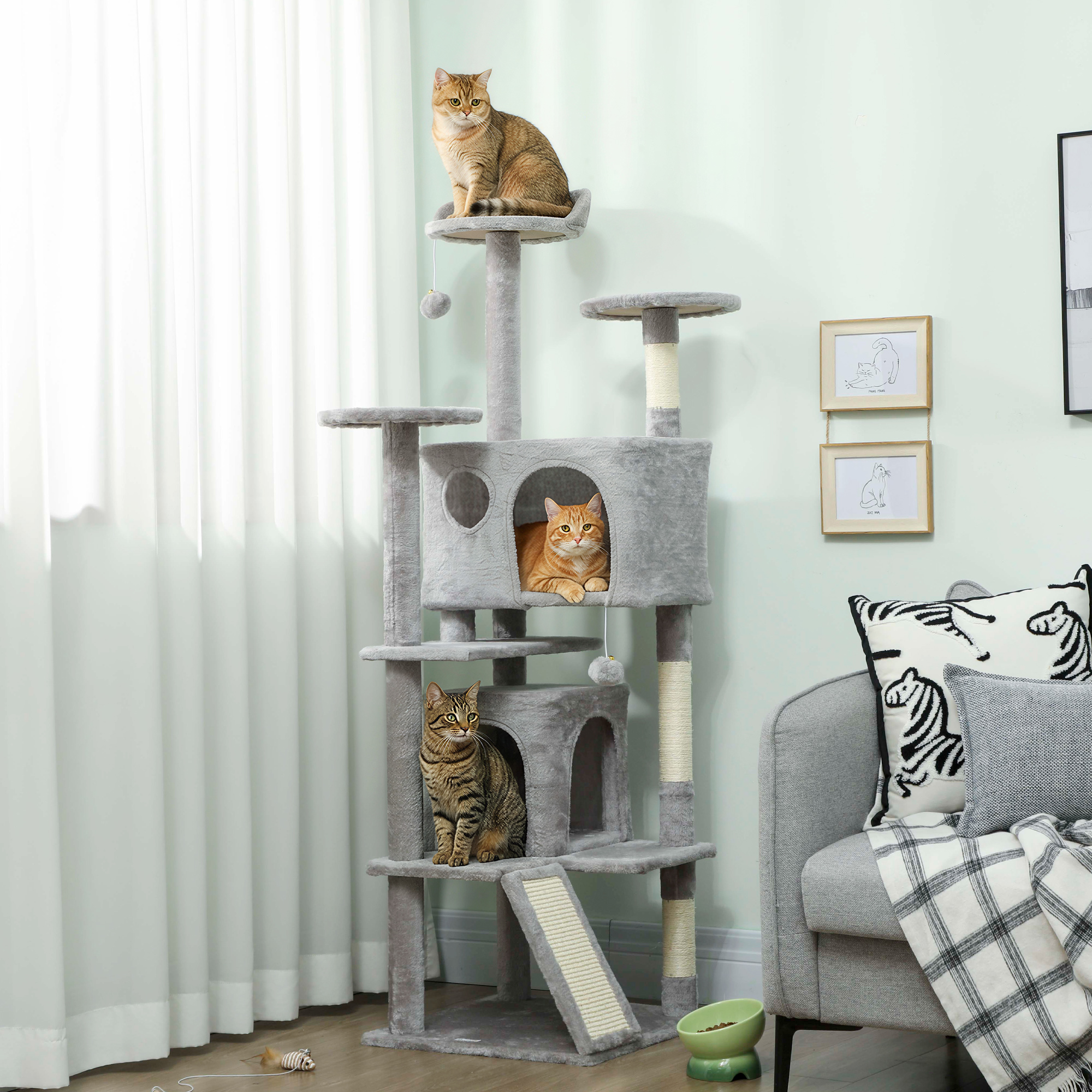 54" Cat Tree, Multi-Level Cat Tower with Scratching Posts, Cat Condos, Bed, Platforms, Ramp, Toy Ball, Light Grey - Image 8
