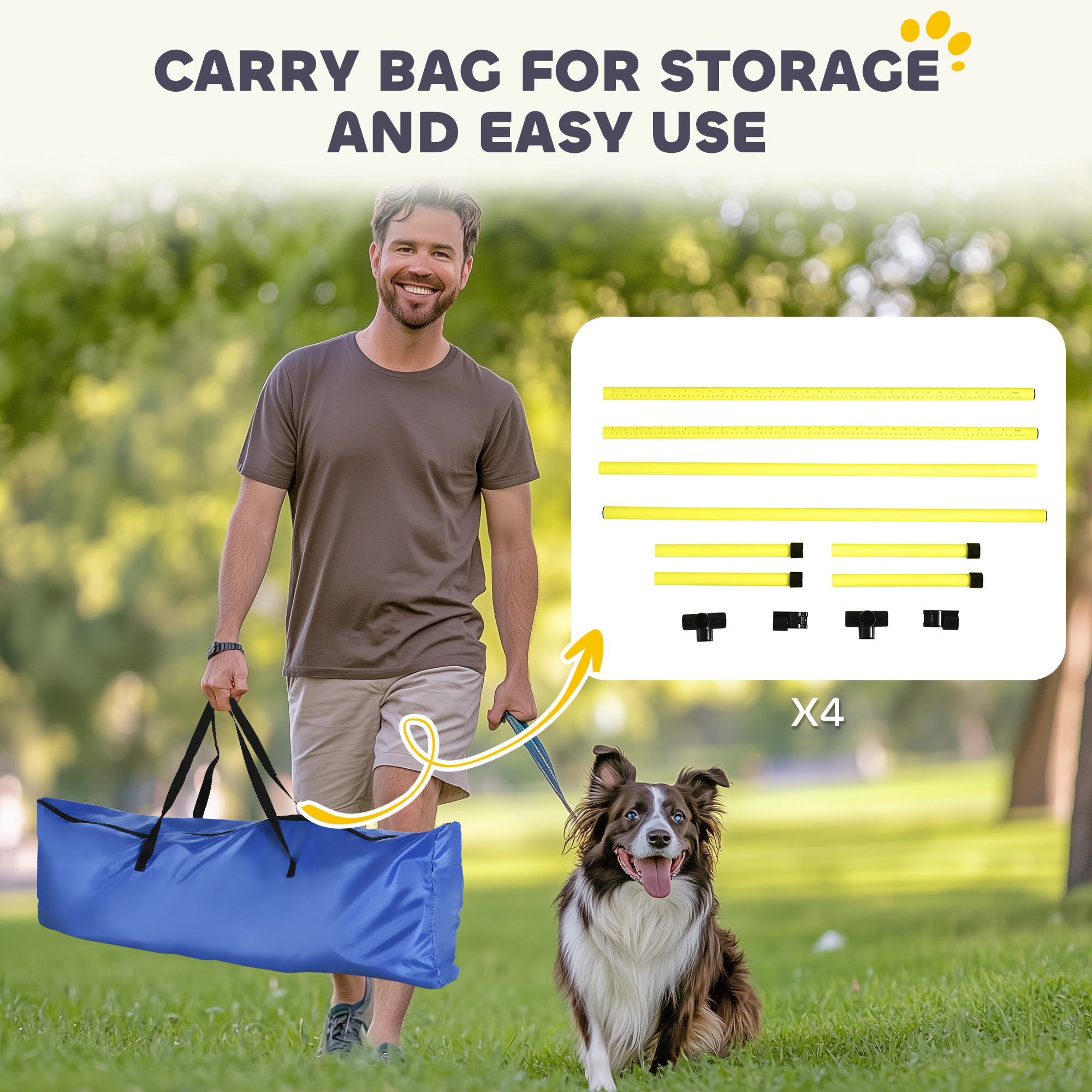 Set of 4 Dog Agility Training Equipment Adjustable Jump Bar Pet Exercise Kit with Carrying Bag (Yellow)