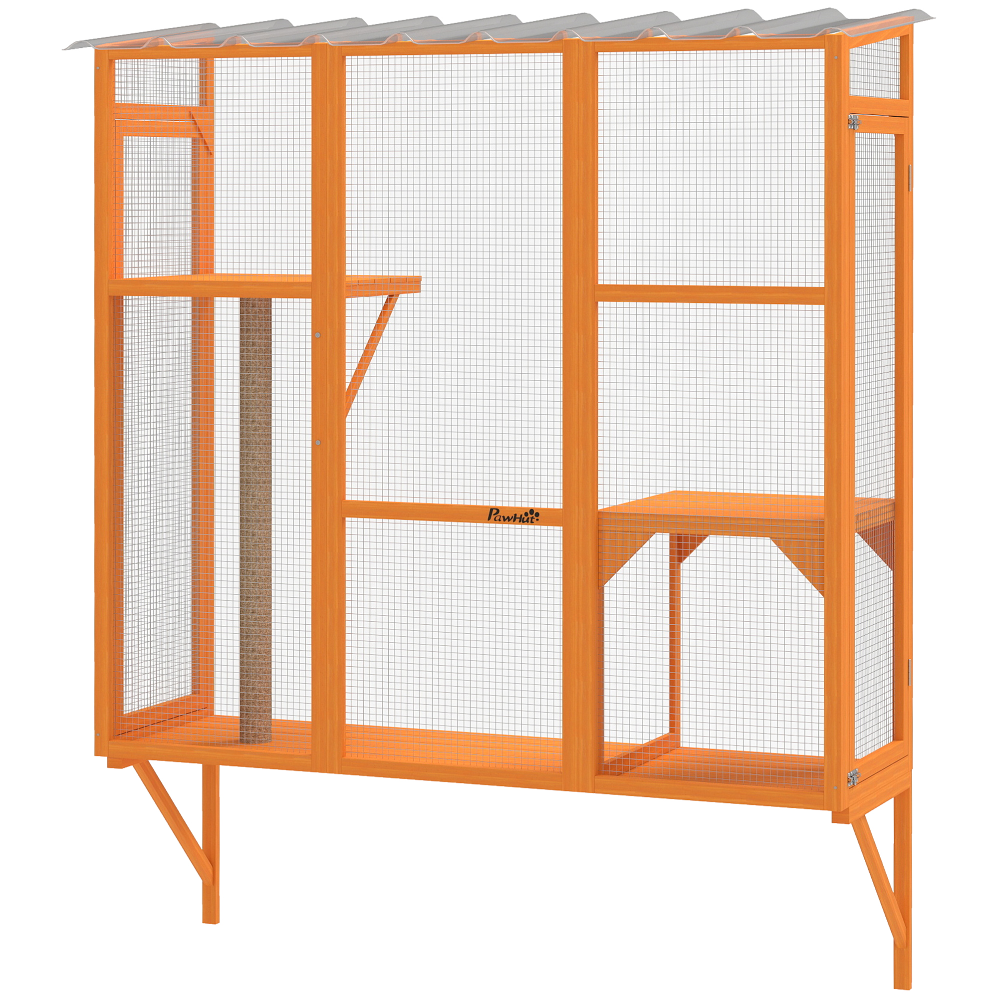 Wooden Catio Outdoor, Cat Window Box Enclosure for 2-3 Large Cats with 2 Jumping Platforms & Scratching Post, Orange