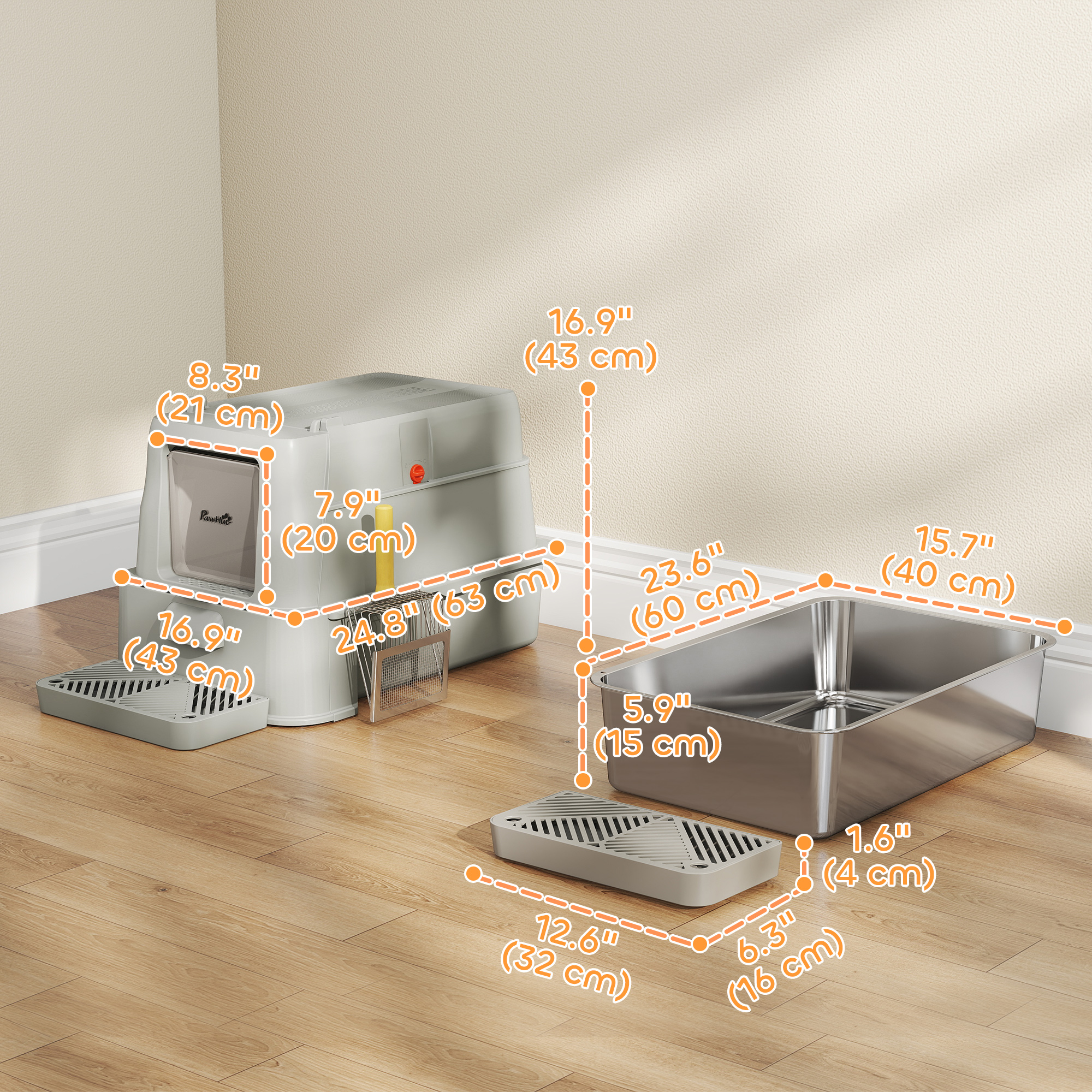 80L XL Stainless Steel Cat Litter Box for Big Cats with Flip Cover, Pull-Out Drawer Tray, High Sided, Pedal, Light Grey