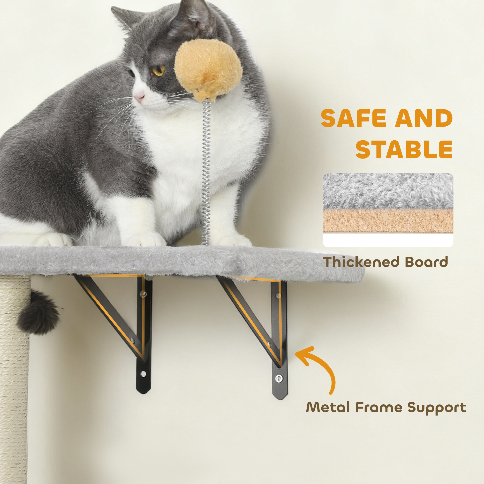 Cat Wall Shelves, 4 Pcs Cat Wall Furniture Set with Scratching Posts, Condo, Hammock, Perchs, Light Grey