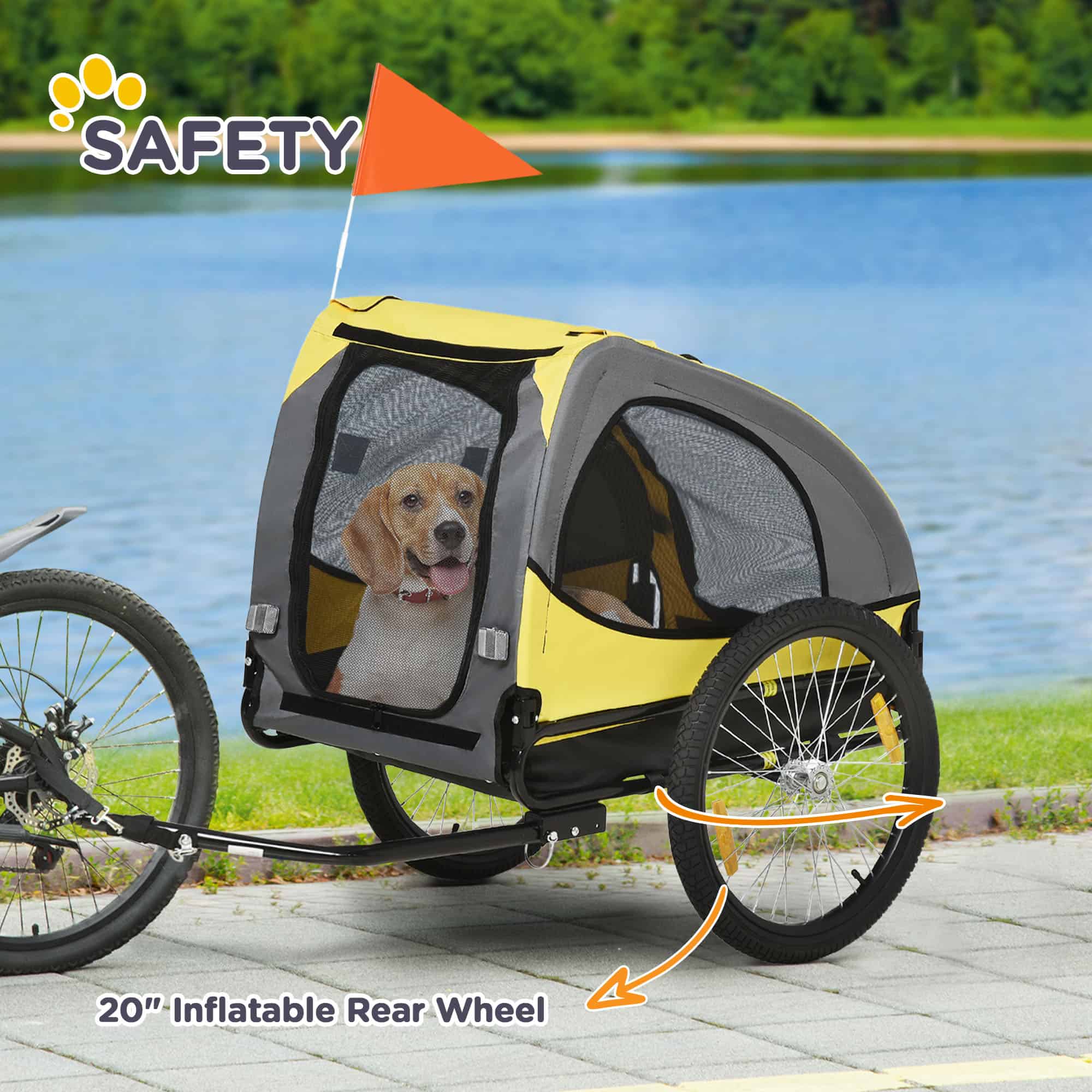 Dog Bike Trailer with Hitch Coupler, Quick Release Wheels, Reflectors, Flag for Medium Dogs, Yellow - Image 7