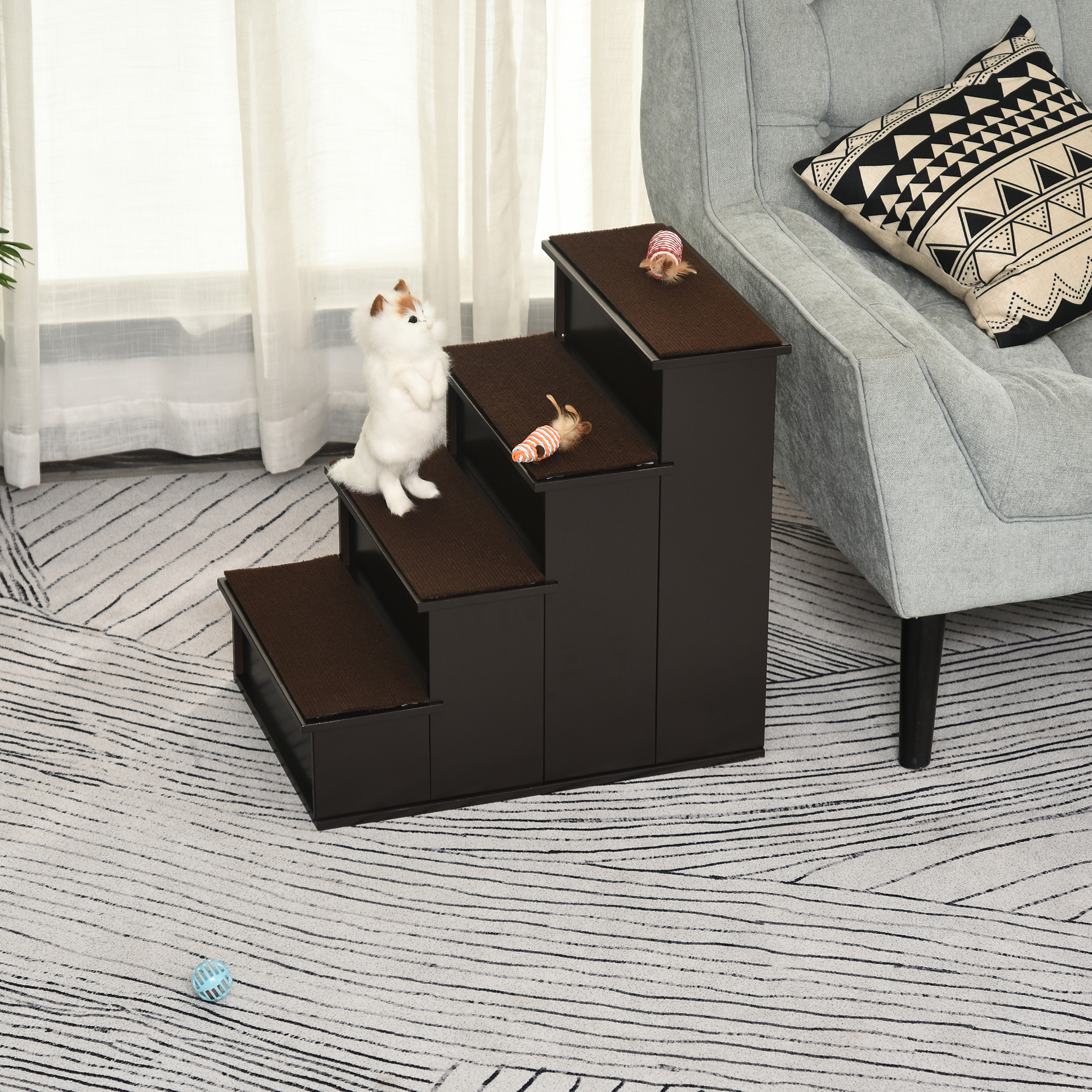 4 Levels Wooden Dog Steps Pet Stairs for High Bed, Cat Ladder for Bed Couch with Non-Slip Carpet, Dark Coffee