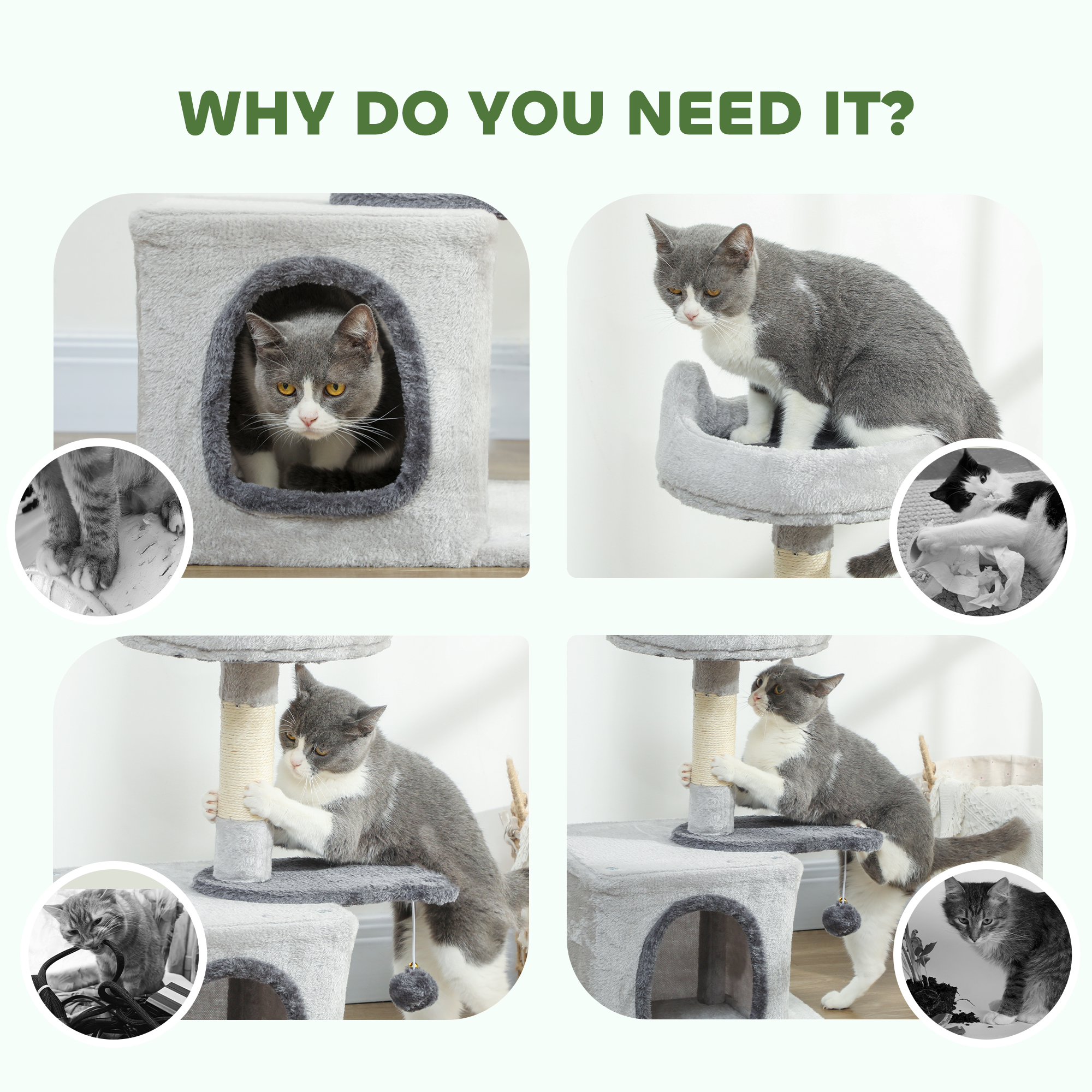 28" Cat Tree Tower with Plush Top Bed, Cozy Condo, Sisal Scratching Post, Perch, Dangling Ball, Light Grey