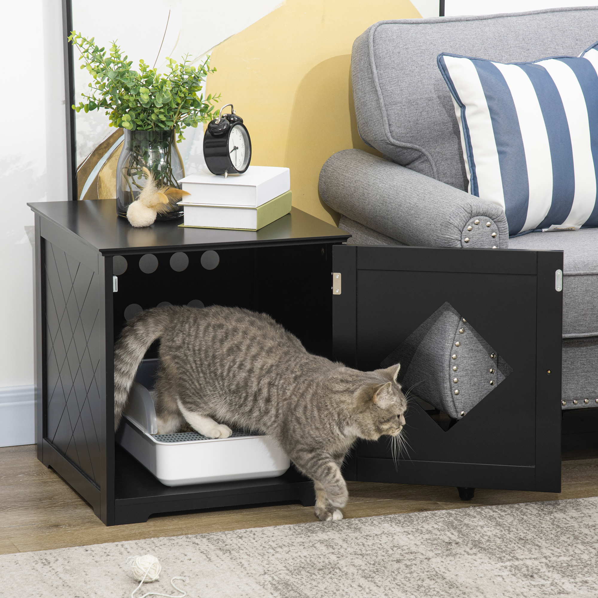 Cat Litter Box Enclosure End Table, Indoor Cat Washroom with Magnetic Door, Hidden Litter Box Nightstand with Large Tabletop, Easy Assembly, Black