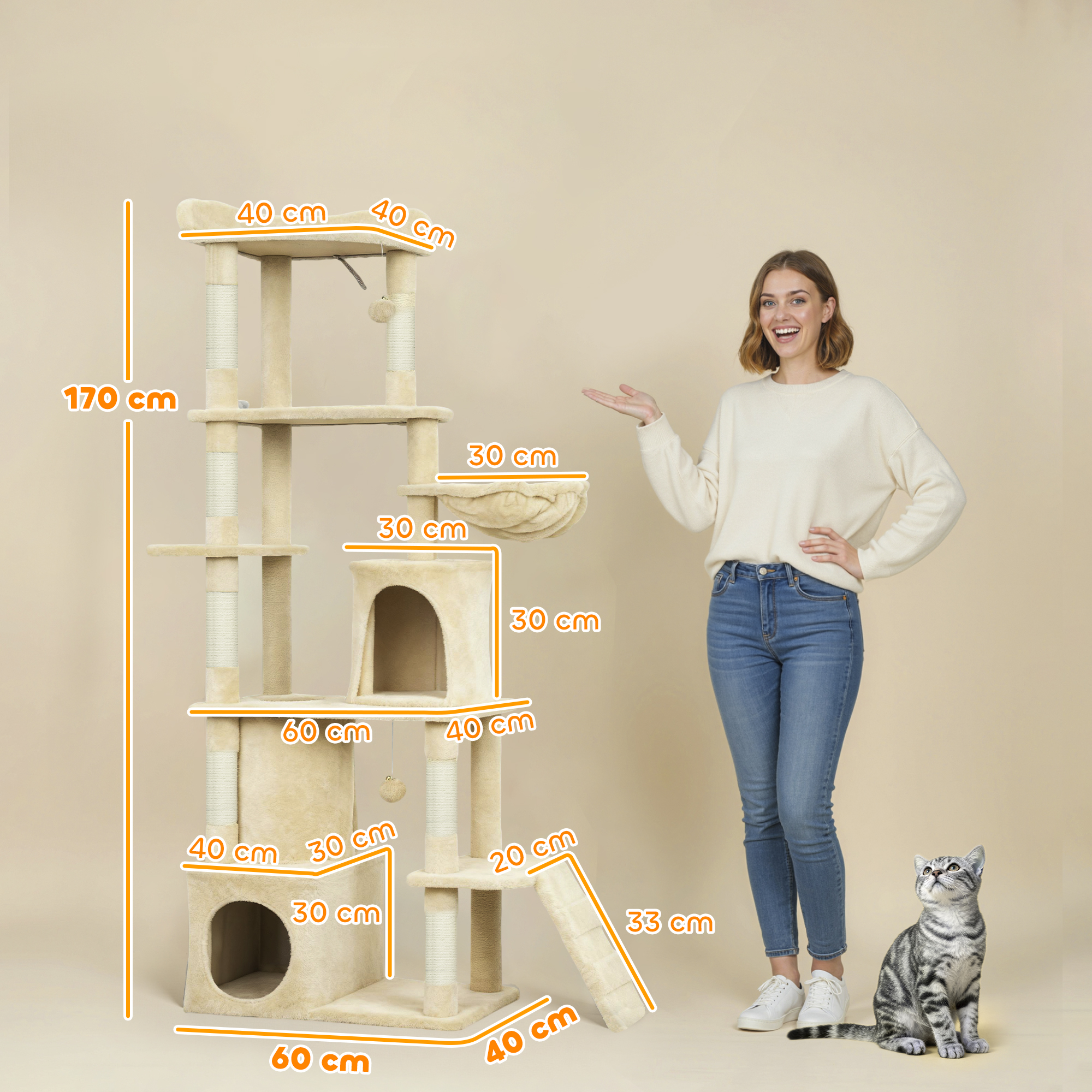 67" Large Cat Tree with 7 Scratching Posts, Tunnel, 2 Condos, Hammock, Perch, Ramp, Pompoms, Beige