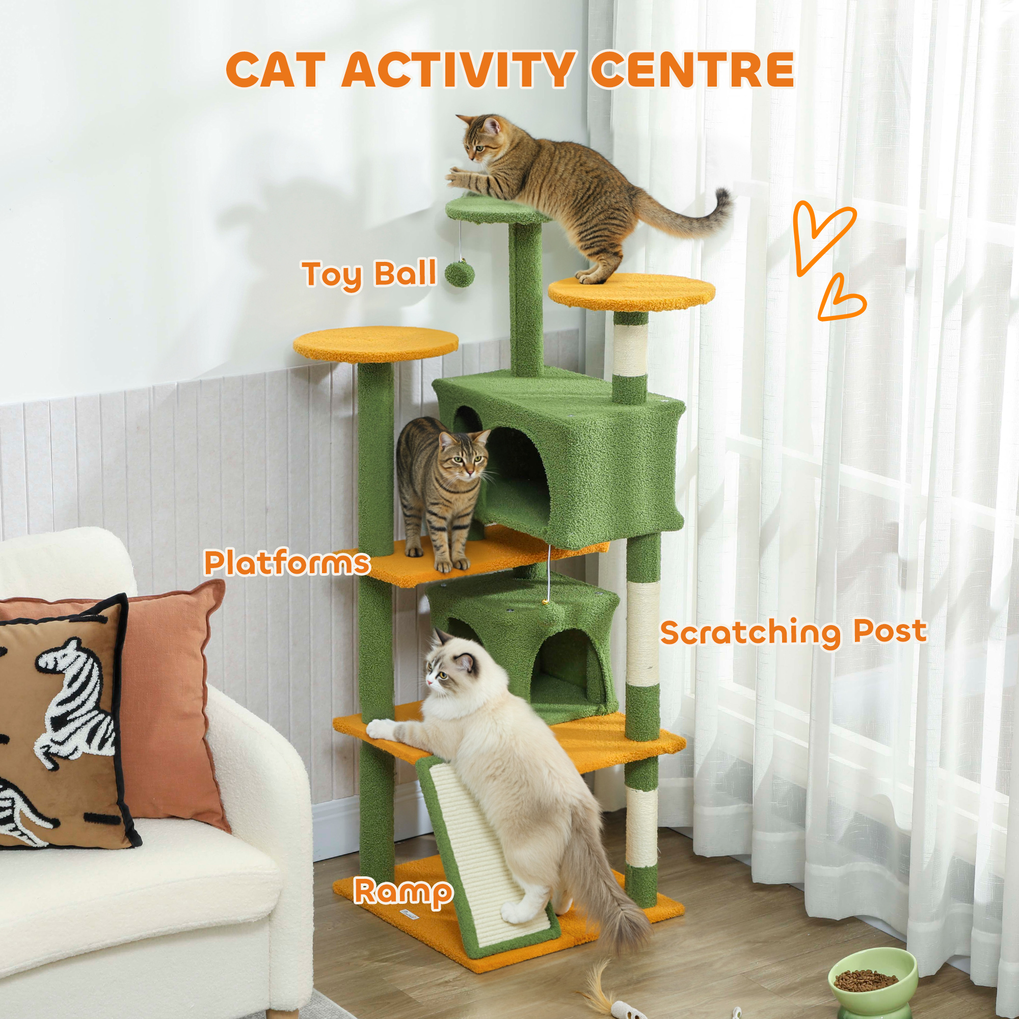 54" Cat Tree, Multi-Level Cat Tower with Scratching Posts, Cat Condos, Bed, Platforms, Ramp, Toy Ball, Green