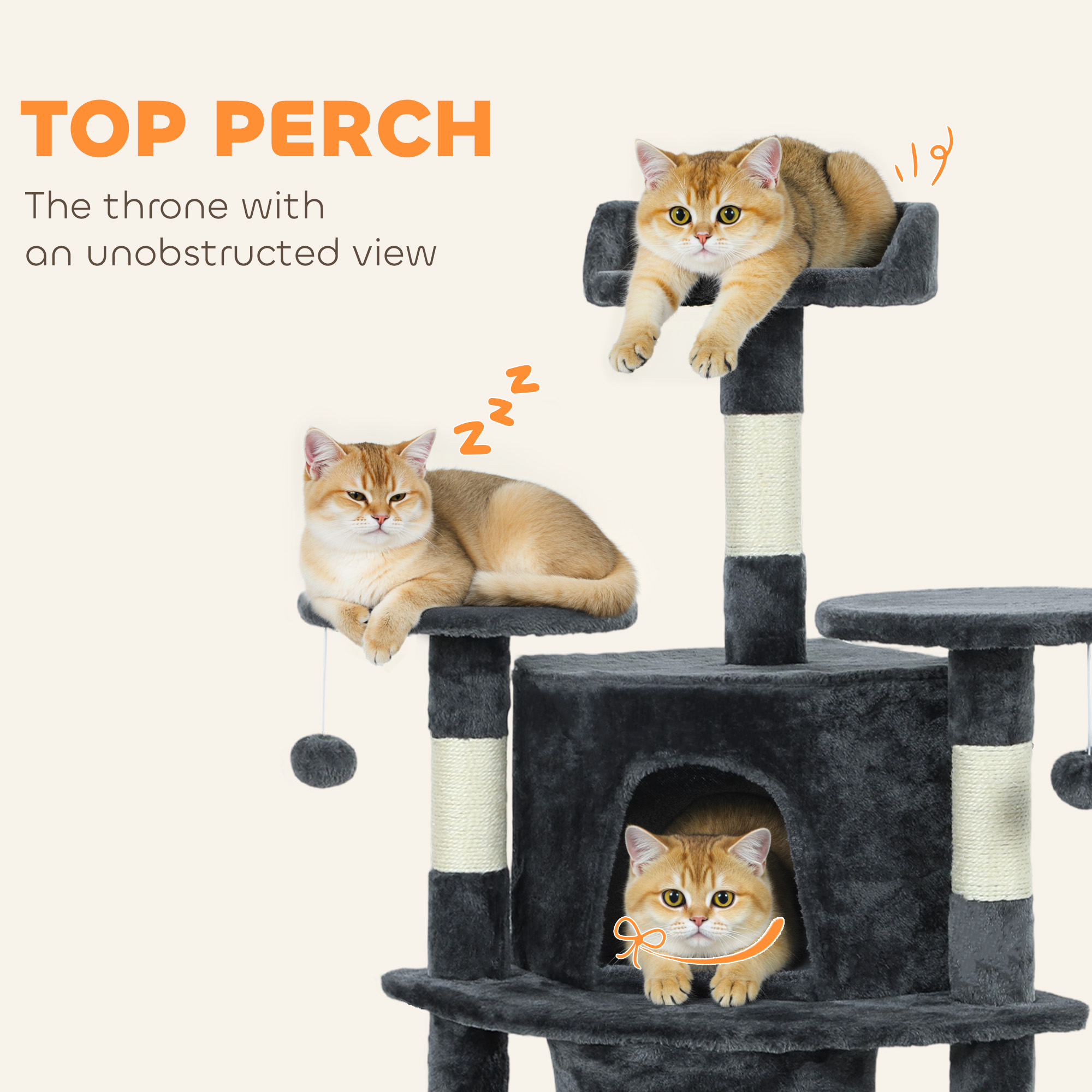 62" Cat Tree with Scratching Post, 2 Condos, Hammock, Perches, Plush, Pompoms, for Indoor Cats, Dark Grey - Image 6