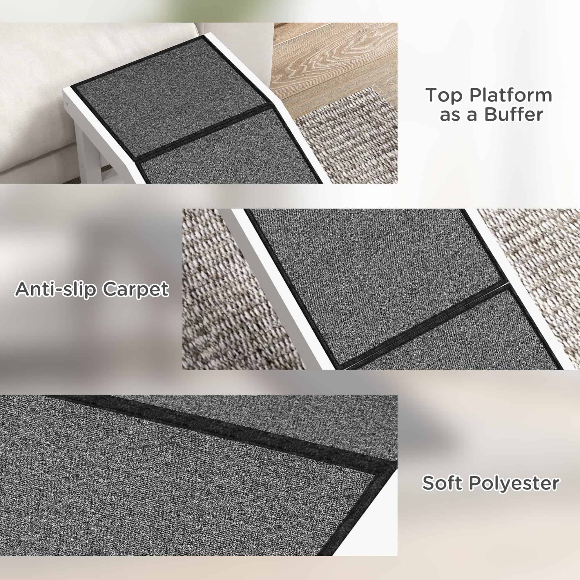 Pet Ramp Bed Steps for Dogs Cats Non-slip Carpet Top Platform Pine Wood 59"L x 16"W x 20"H White
