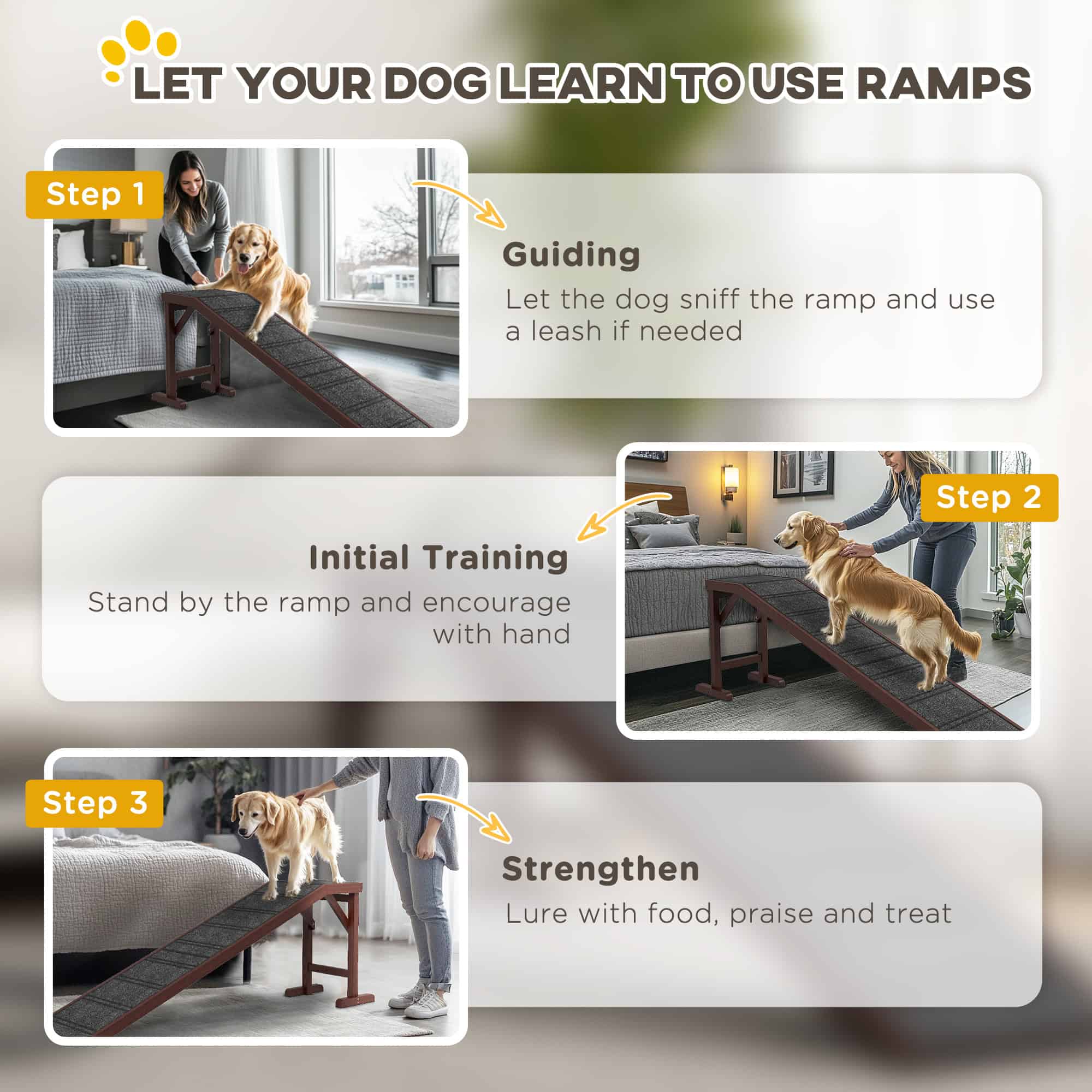 Pet Ramp Bed Steps for Dogs Cats Non-slip Carpet Top Platform Pine Wood 74"L x 16"W x 25"H Brown