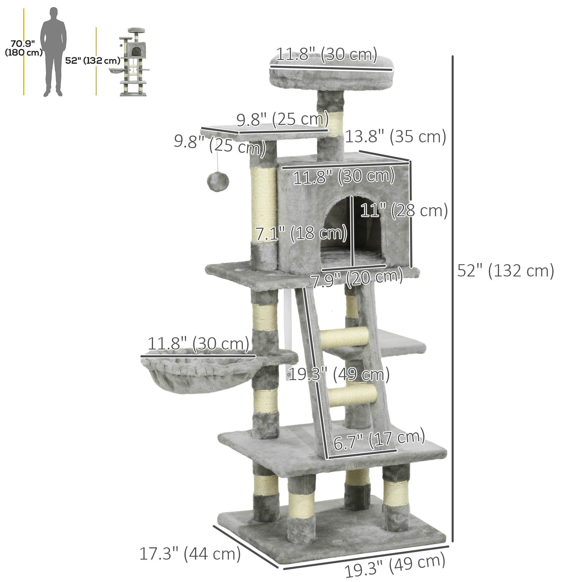 52 Inch Large Cat Tree for Indoor Cats, Light Grey