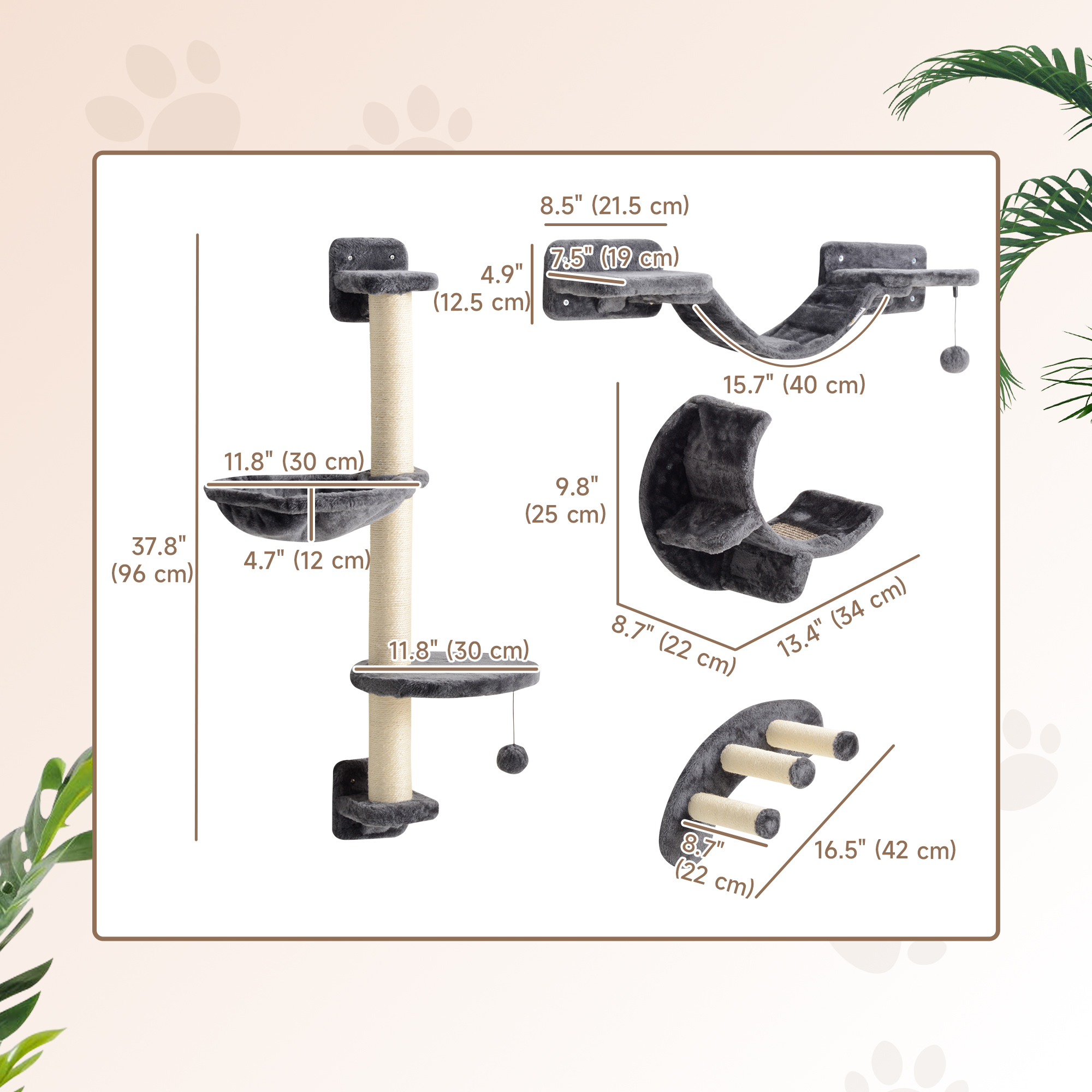 Cat Wall Shelf with Scratching Post, Play Balls, Platforms, Dark Grey
