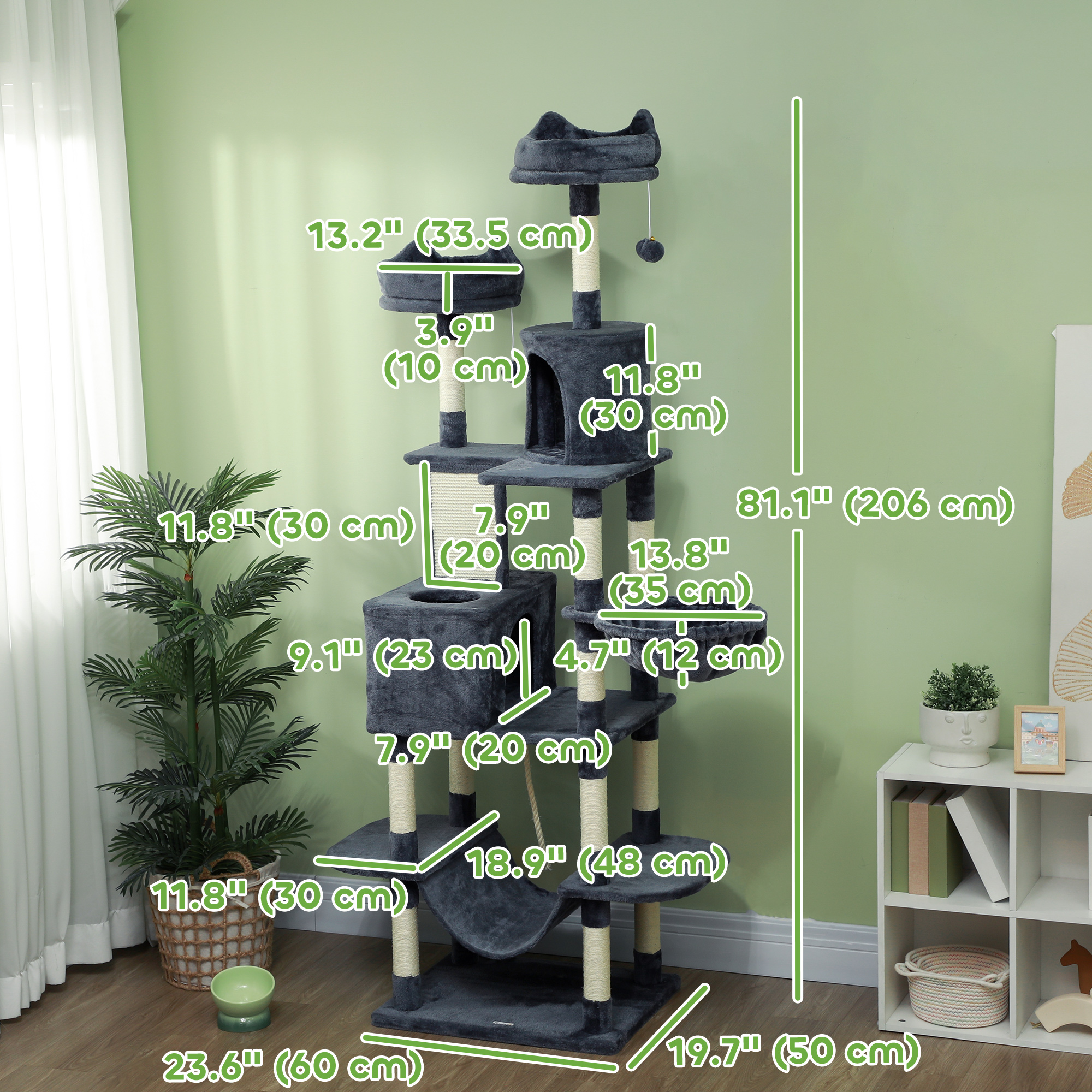 81" Large Cat Tree w/ Scratching Posts, Condos, Beds, Hammocks, Jumping Platforms, Toy Balls, Rope Cat Toy, Dark Grey