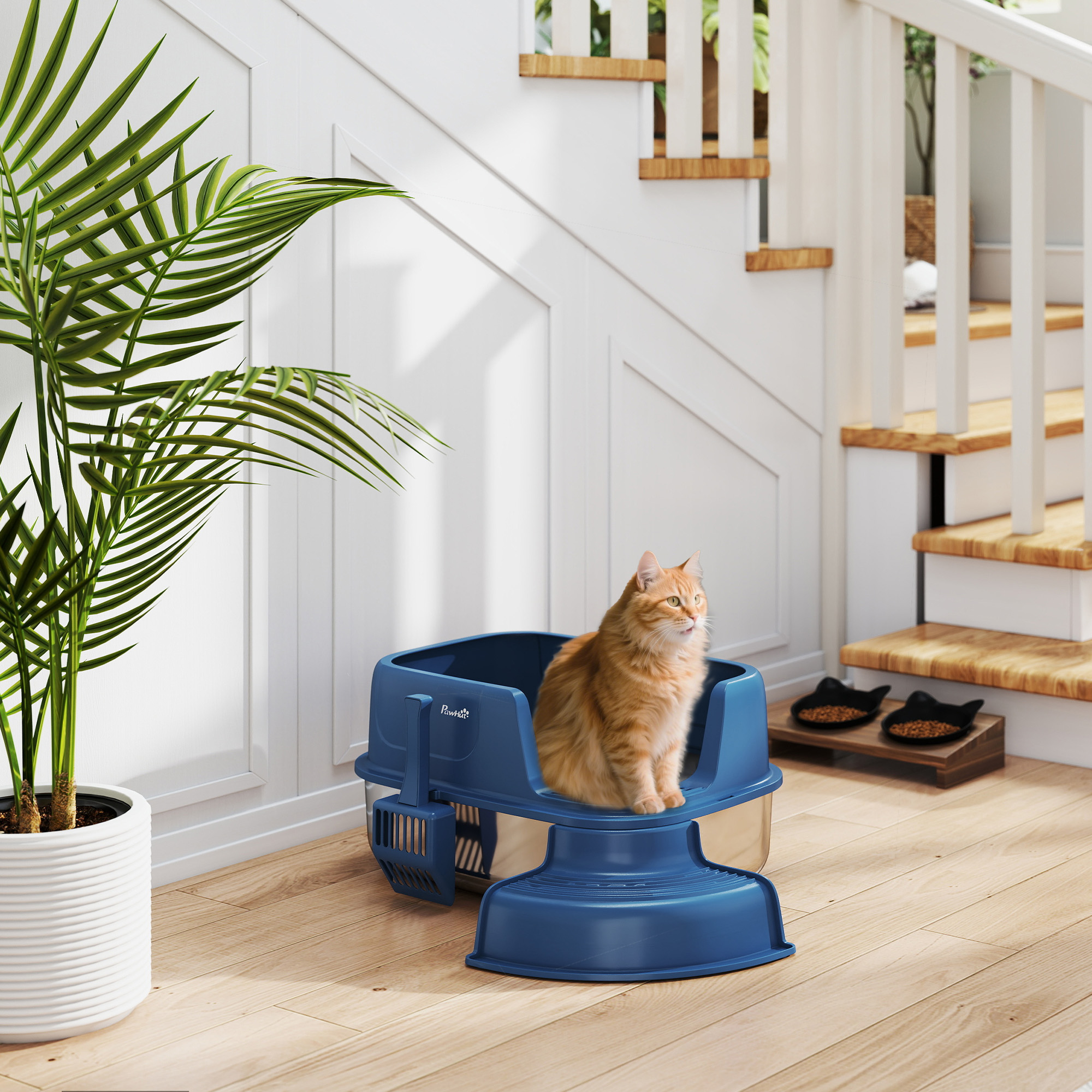 Stainless Steel Cat Litter Box, Cat Litter Box with High Side and Scoop, Anti-Leakage, Easy to Clean, Navy Blue