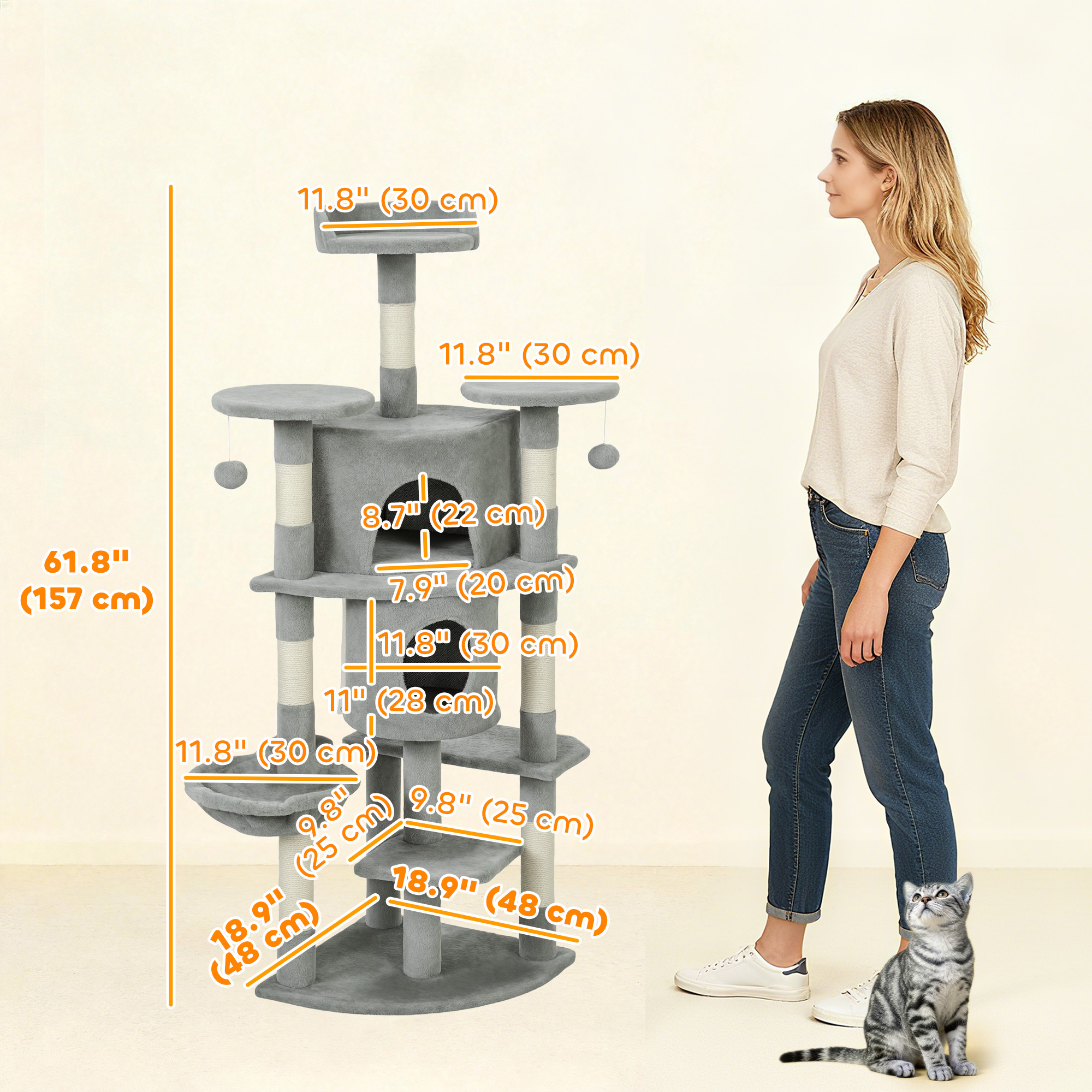 62" Cat Tree with Scratching Post, 2 Condos, Hammock, Perches, Plush, Pompoms, for Indoor Cats, Light Grey