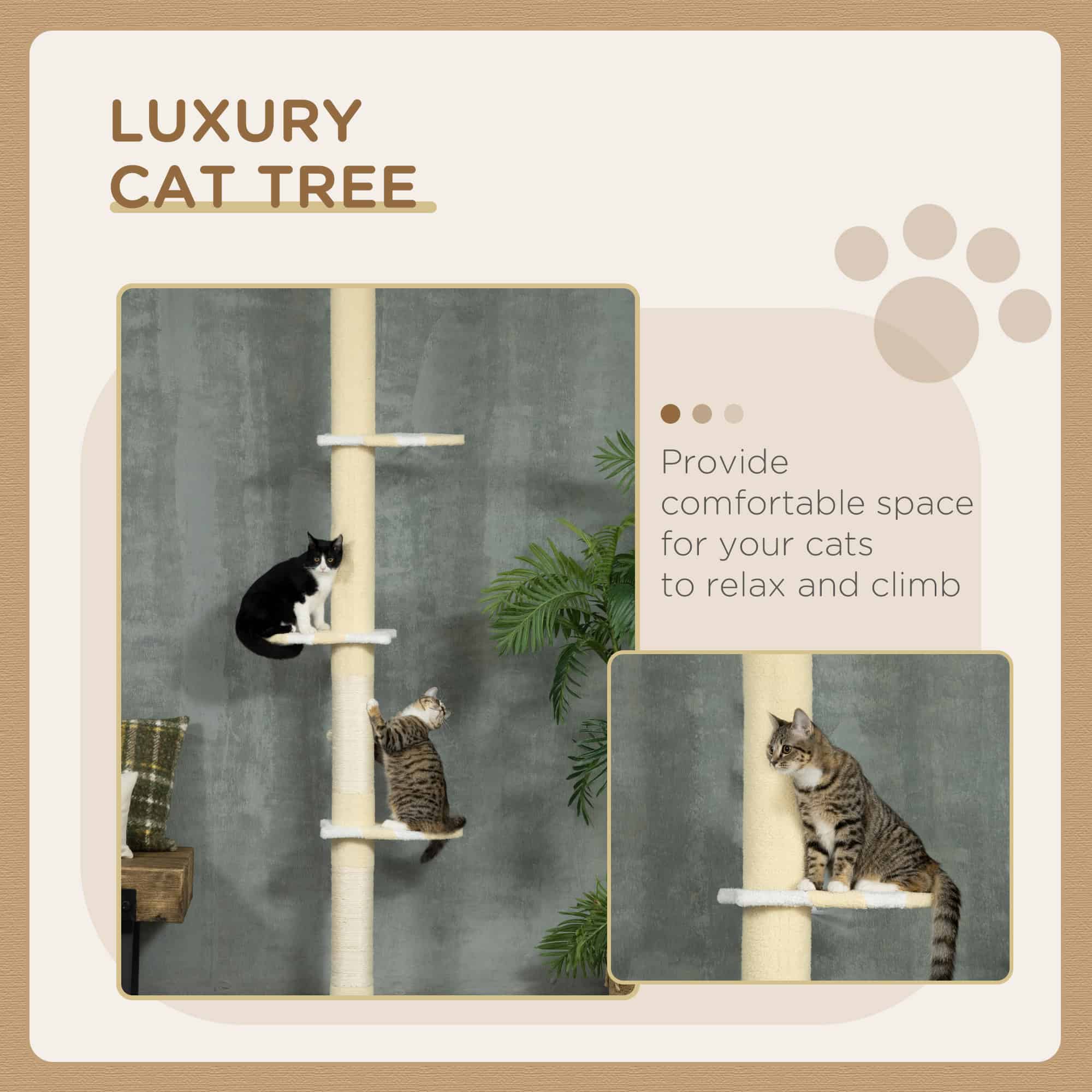 87"-102" Floor to Ceiling Cat Tree w/ Sisal Scratching Posts, Anti-tip Kit, Perches, Toy Ball, Yellow - Image 4
