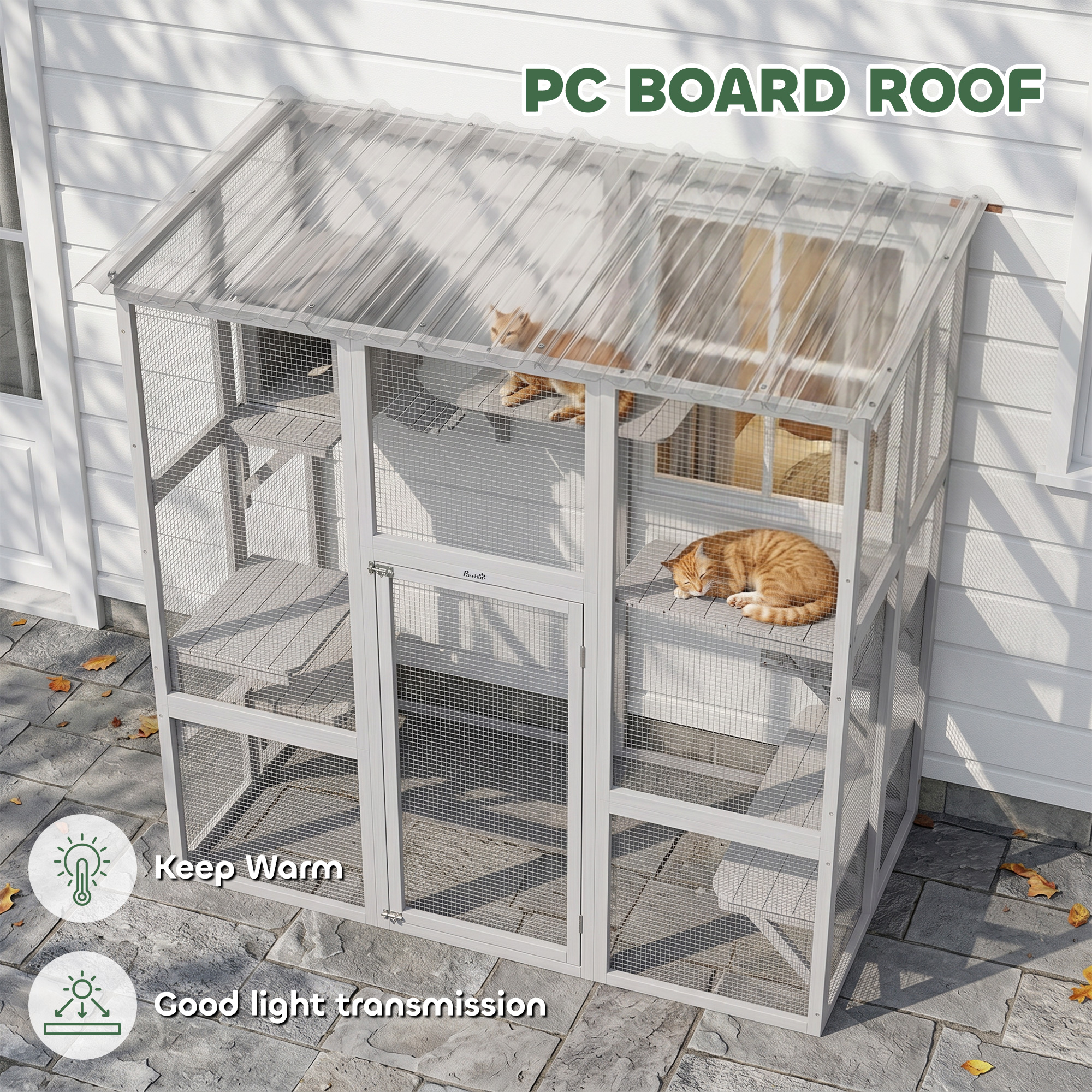 Large Outdoor Catio with Weatherproof Roof, Bridge, Resting Box, Platforms, White