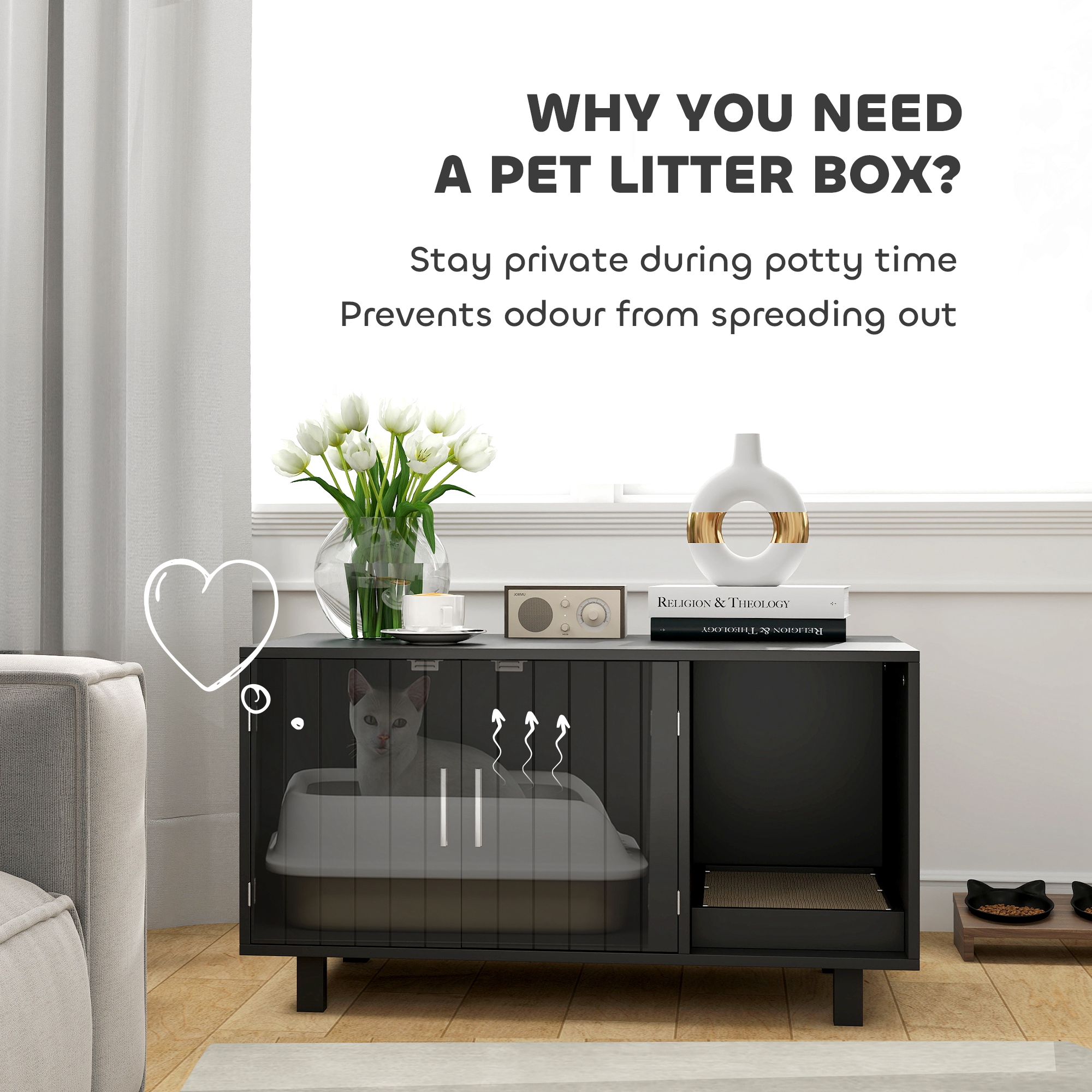 Cat Litter Box Enclosure, Cat House End Table with Scratcher, Black
