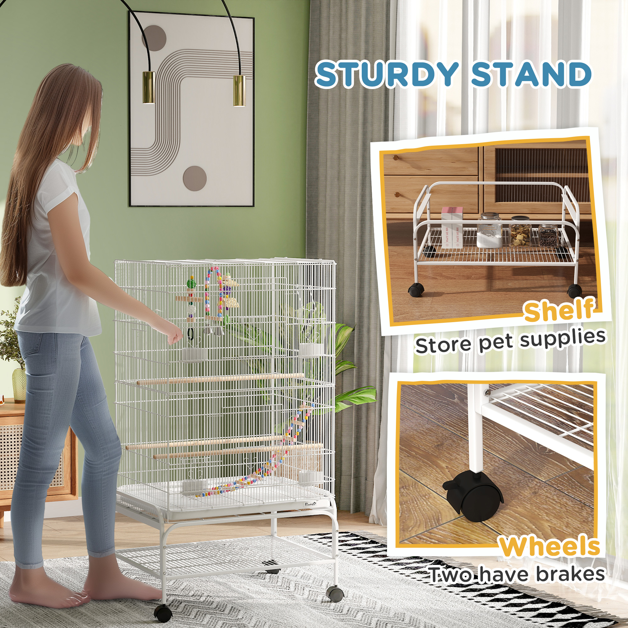 43" Bird Cage with Rolling Stand, Toys, for Budgies Canaries White