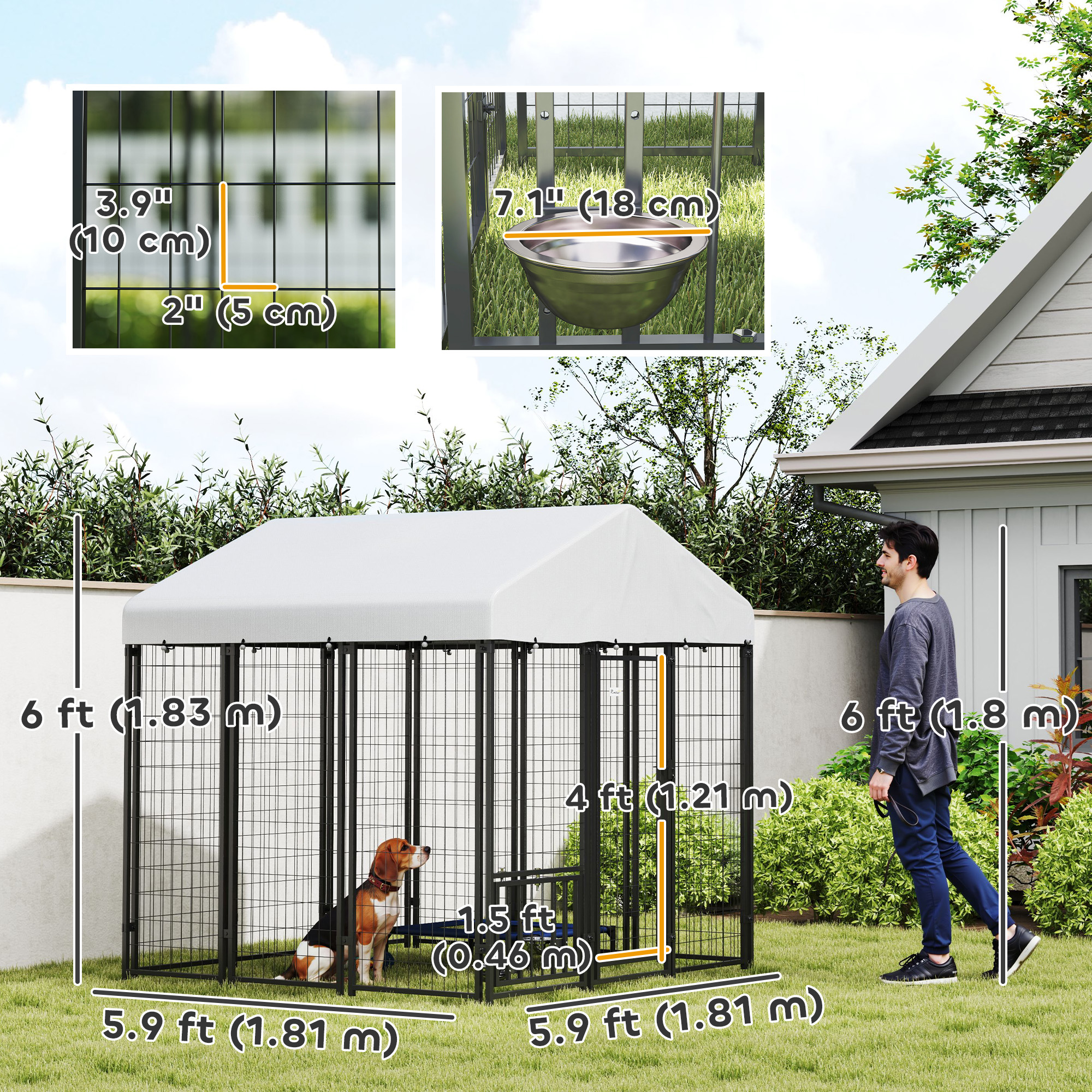 Outdoor Dog Kennel with Waterproof UV-Resistant Cover, Rotating & 4-Level Adjustable Feeding Bowls, 6 x 6 x 6 ft