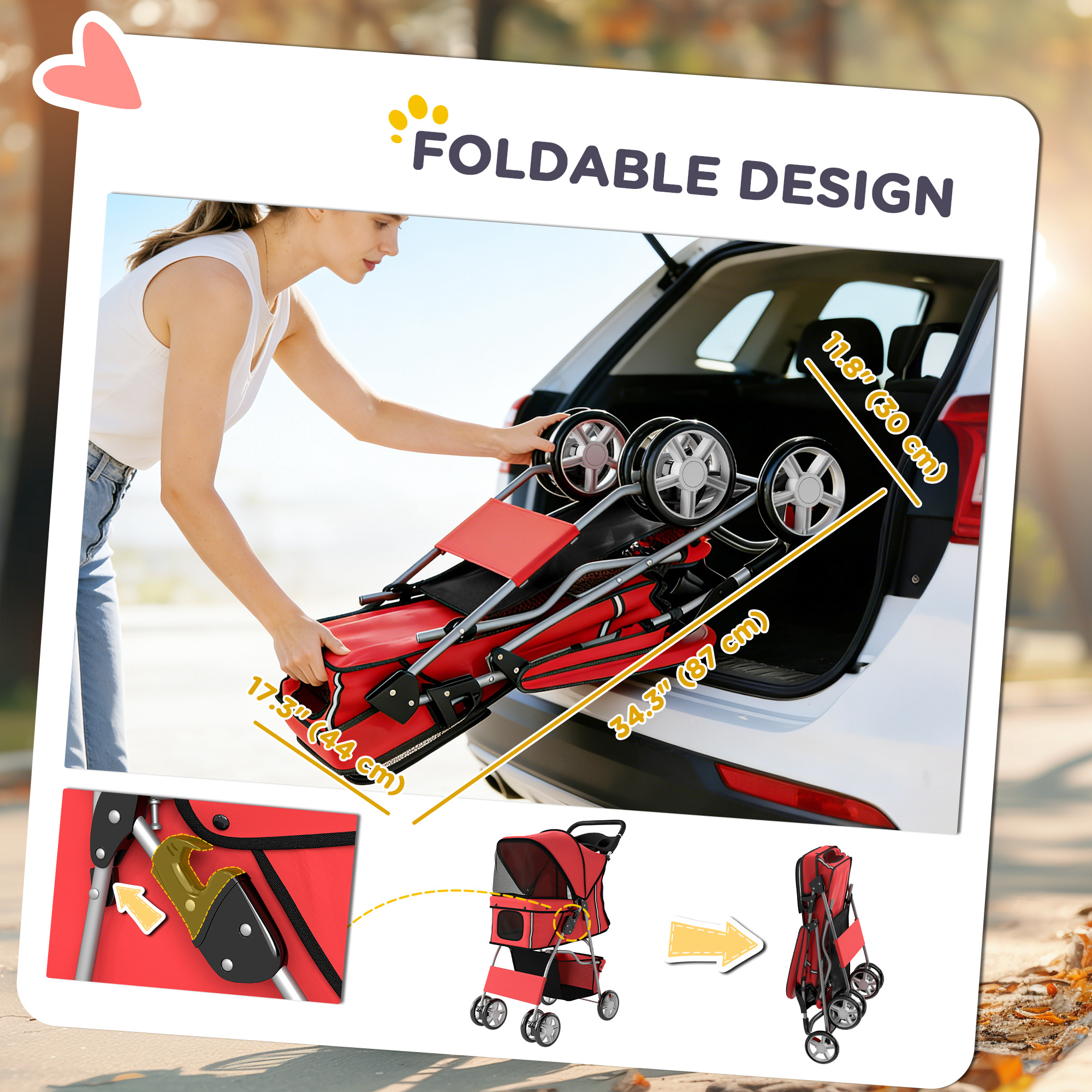 Pet Stroller with Reflective Strips, Foldable Cat Stroller with 360° Swivel Wheels for Small Dogs and Cats, Red